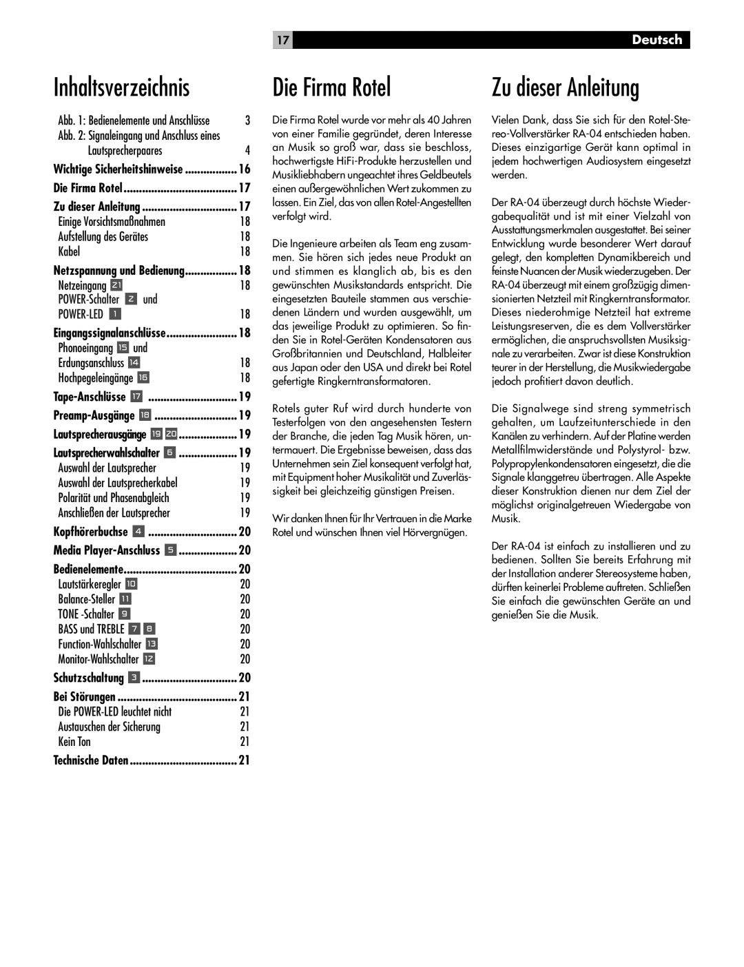 Rotel RA-04 owner manual Inhaltsverzeichnis, Die Firma Rotel, Zu dieser Anleitung 