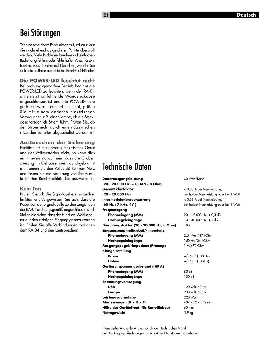 Rotel RA-04 owner manual Bei Störungen, Austauschen der Sicherung, Kein Ton 