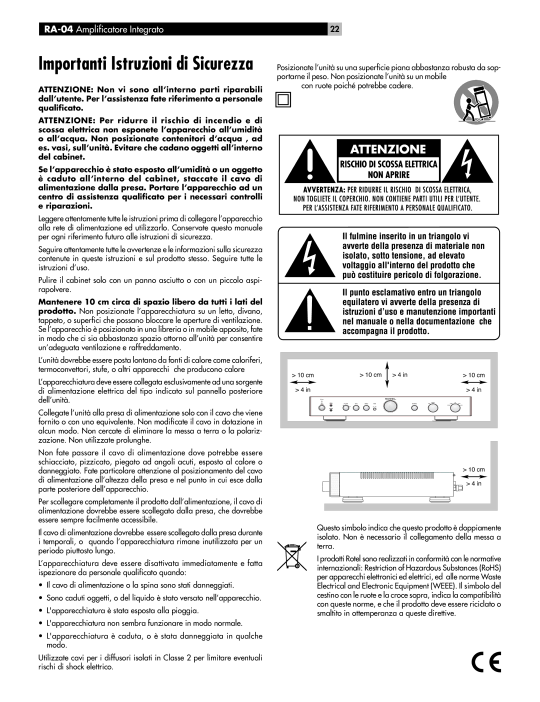 Rotel RA-04 owner manual Importanti Istruzioni di Sicurezza 