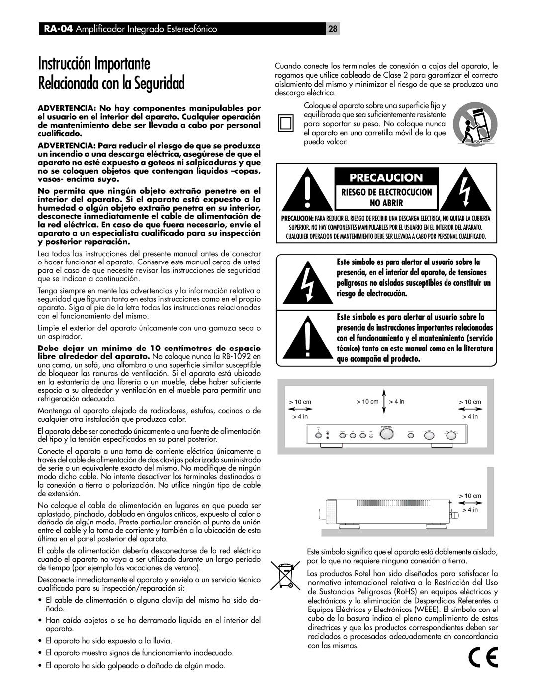 Rotel RA-04 owner manual Instrucción Importante, Relacionada con la Seguridad 