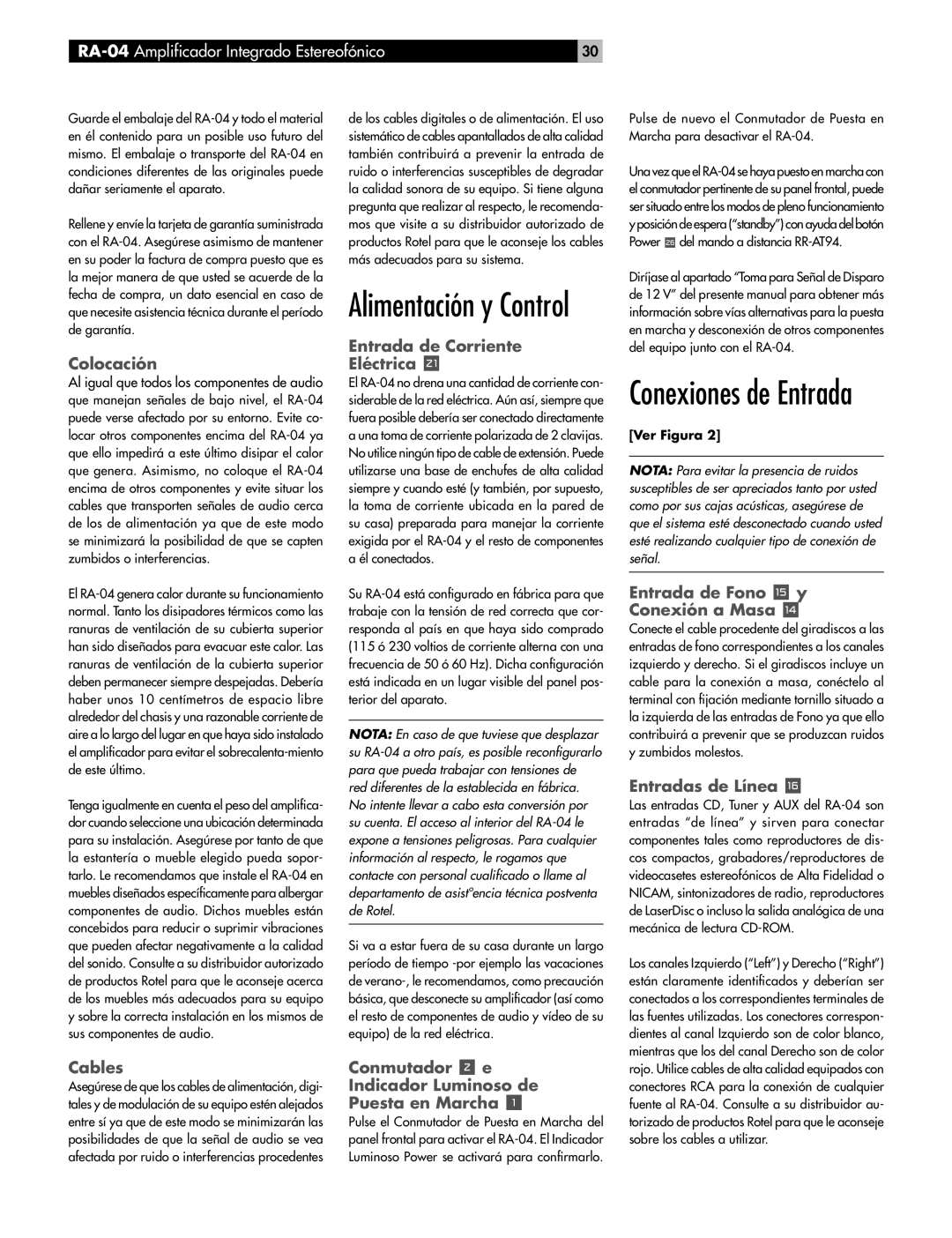 Rotel RA-04 owner manual Conexiones de Entrada, Alimentación y Control 