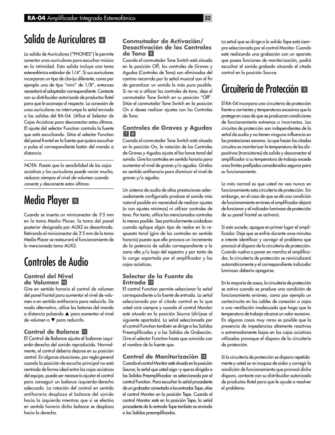 Rotel RA-04 owner manual Controles de Audio, Salida de Auriculares, Circuitería de Protección 