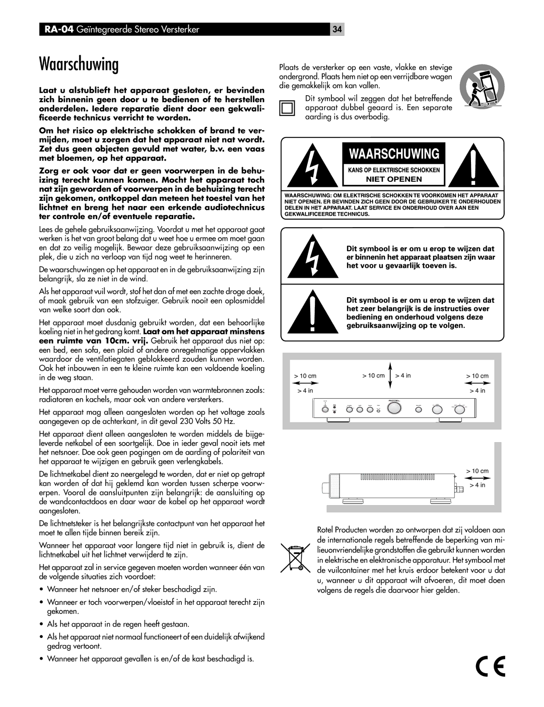 Rotel RA-04 owner manual Waarschuwing 