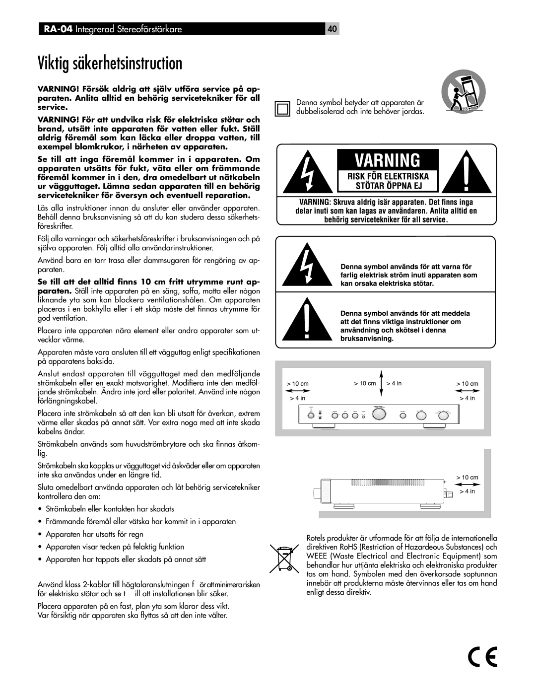 Rotel RA-04 owner manual Viktig säkerhetsinstruction 