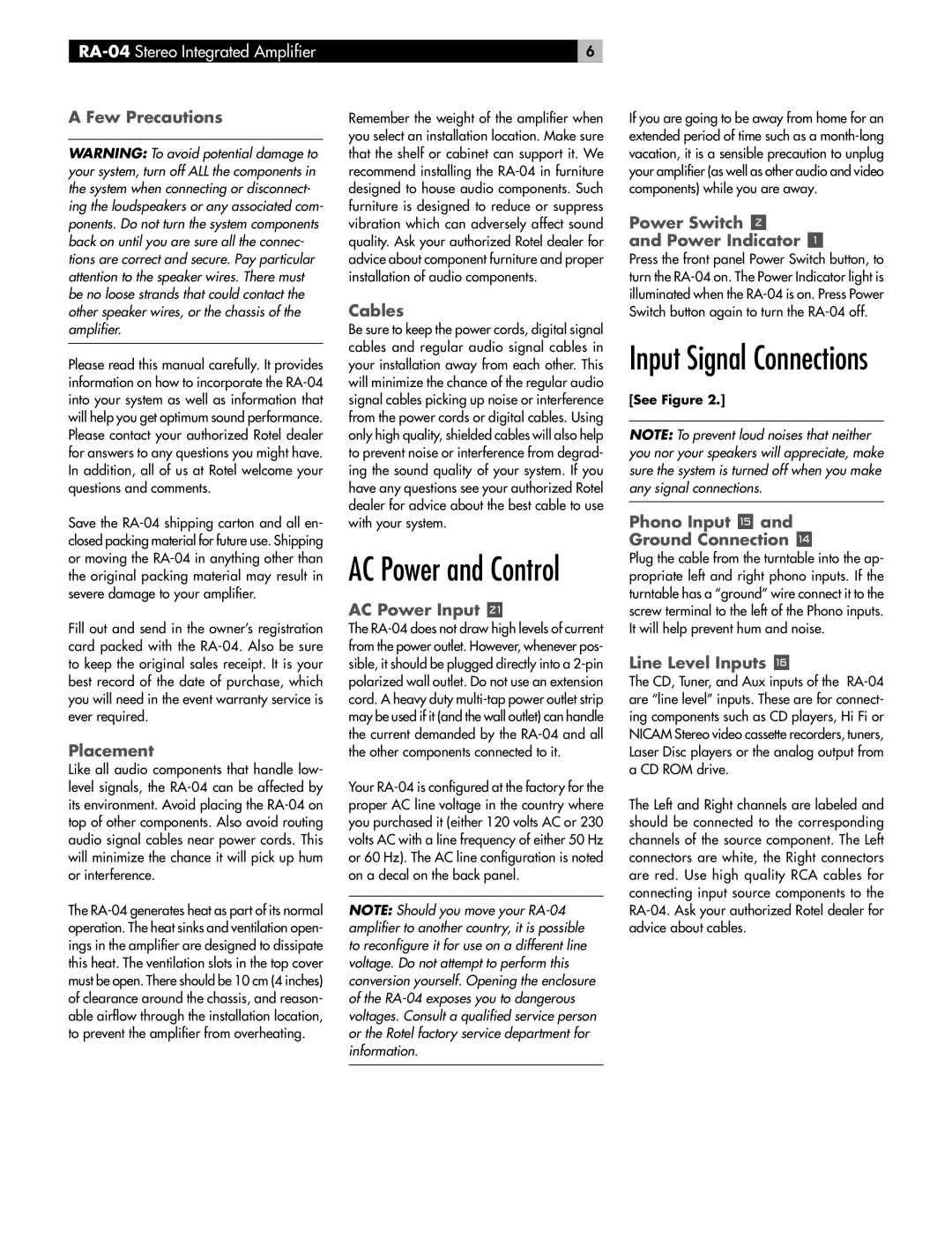 Rotel RA-04 owner manual AC Power and Control, Input Signal Connections 