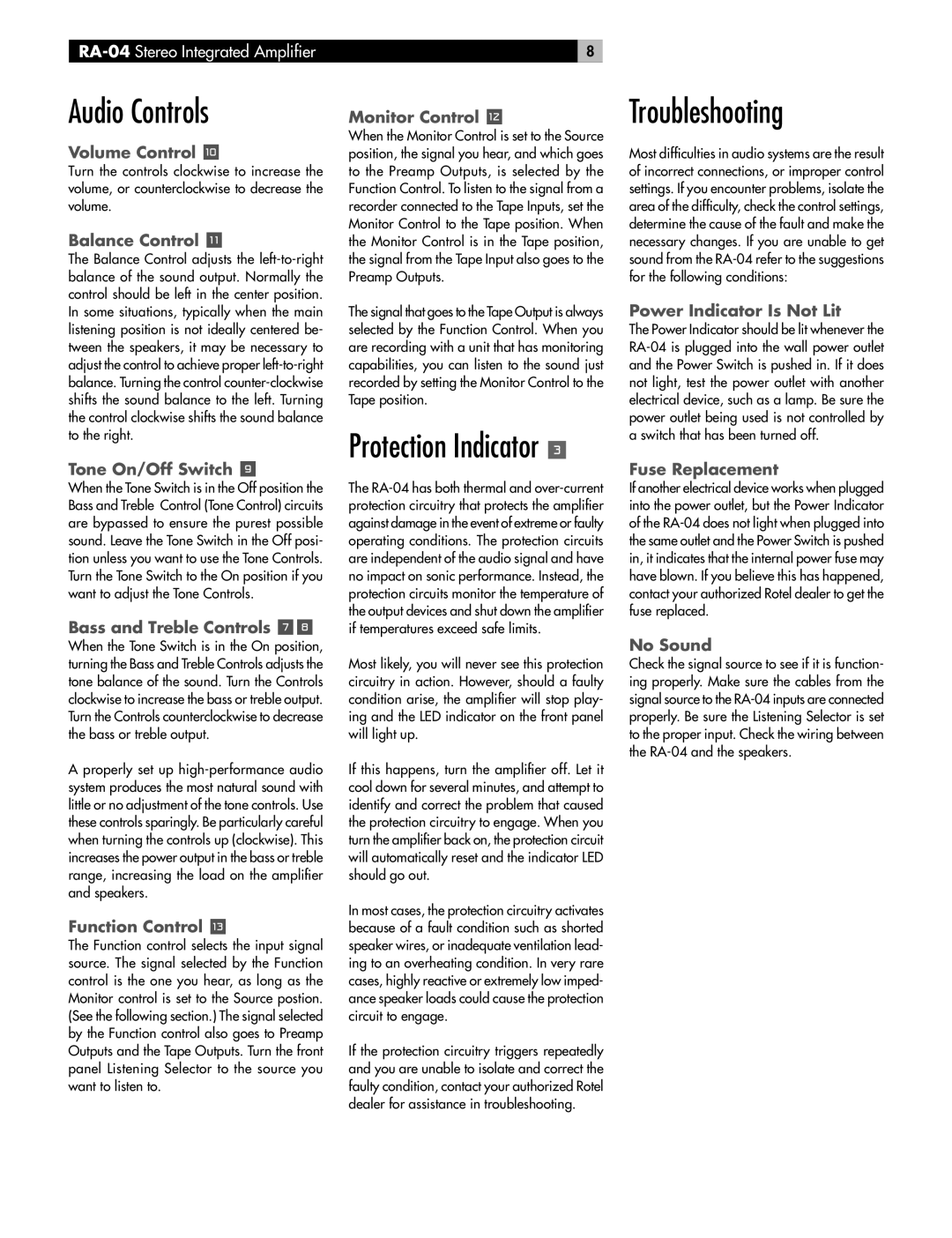 Rotel RA-04 owner manual Audio Controls, Troubleshooting 