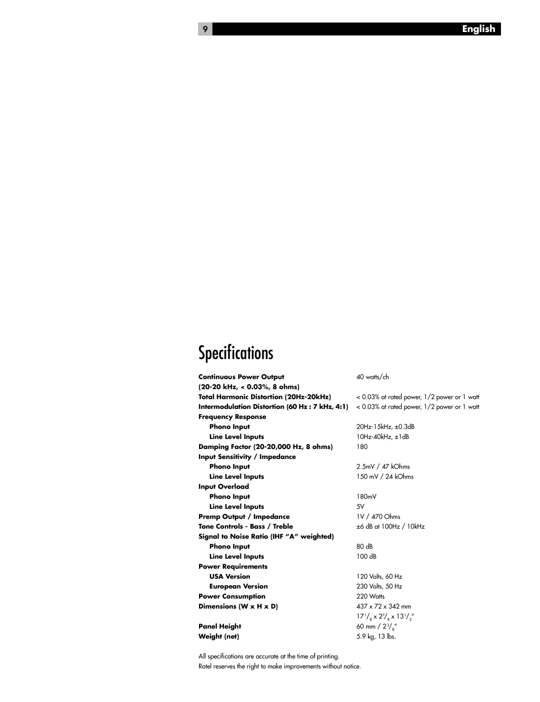 Rotel RA-04 owner manual Speciﬁcations 