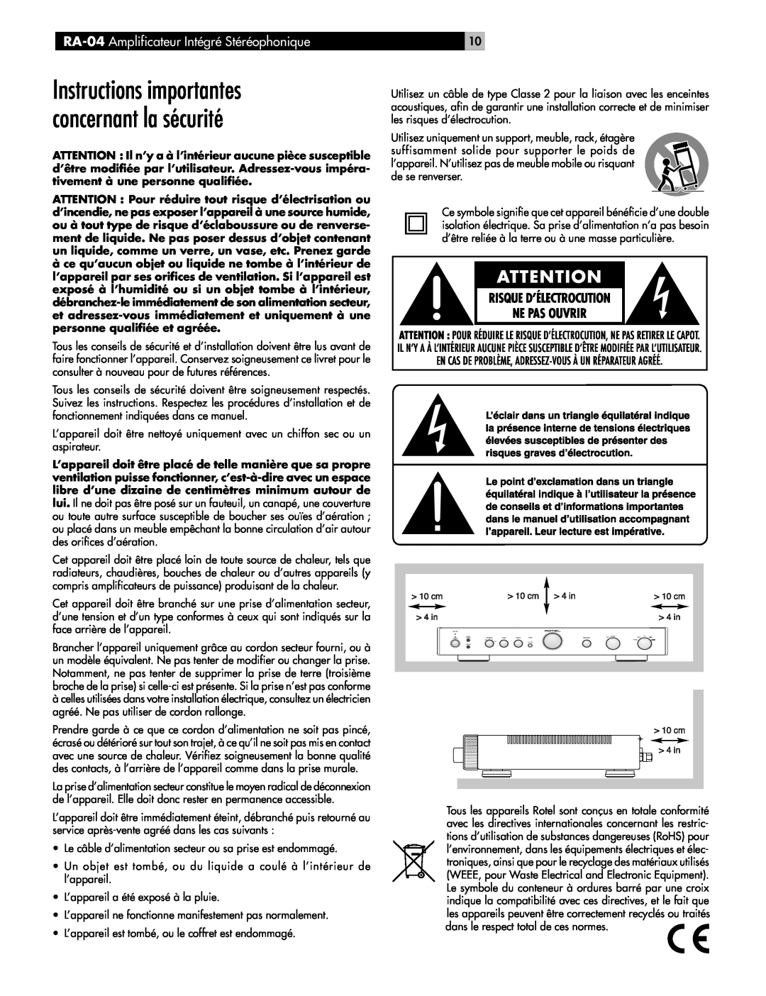 Rotel owner manual Instructions importantes concernant la sécurité, RA-04 Amplificateur Intégré Stéréophonique 