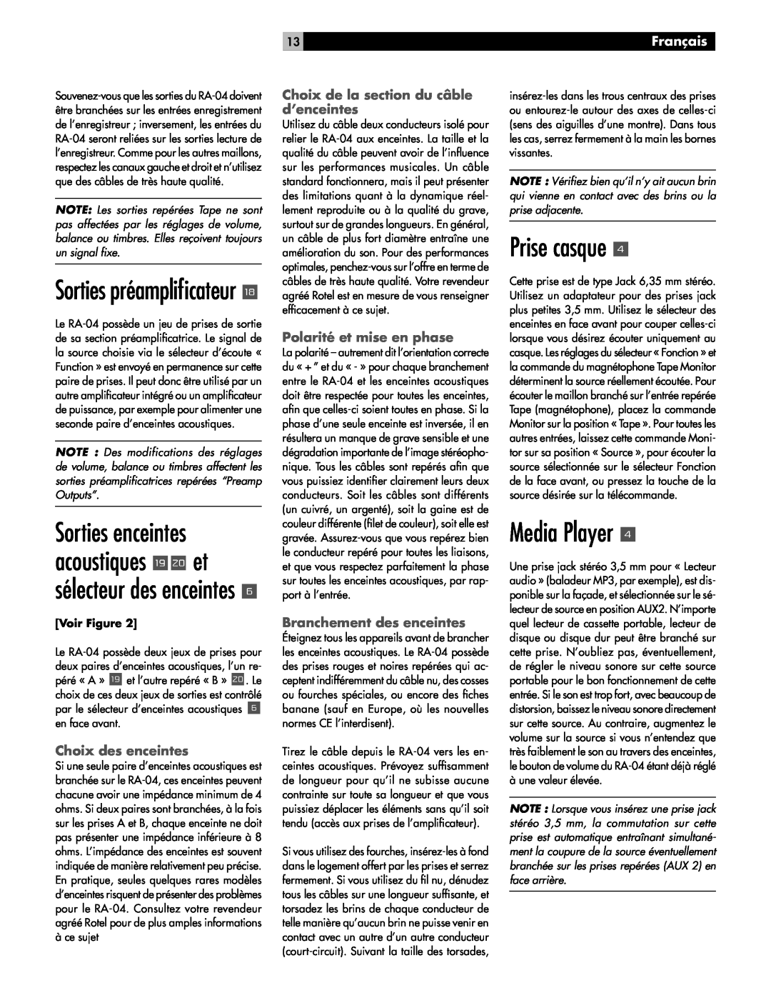 Rotel RA-04 owner manual Prise casque, Sorties préampliﬁcateur y, Media Player, Français, Choix des enceintes 