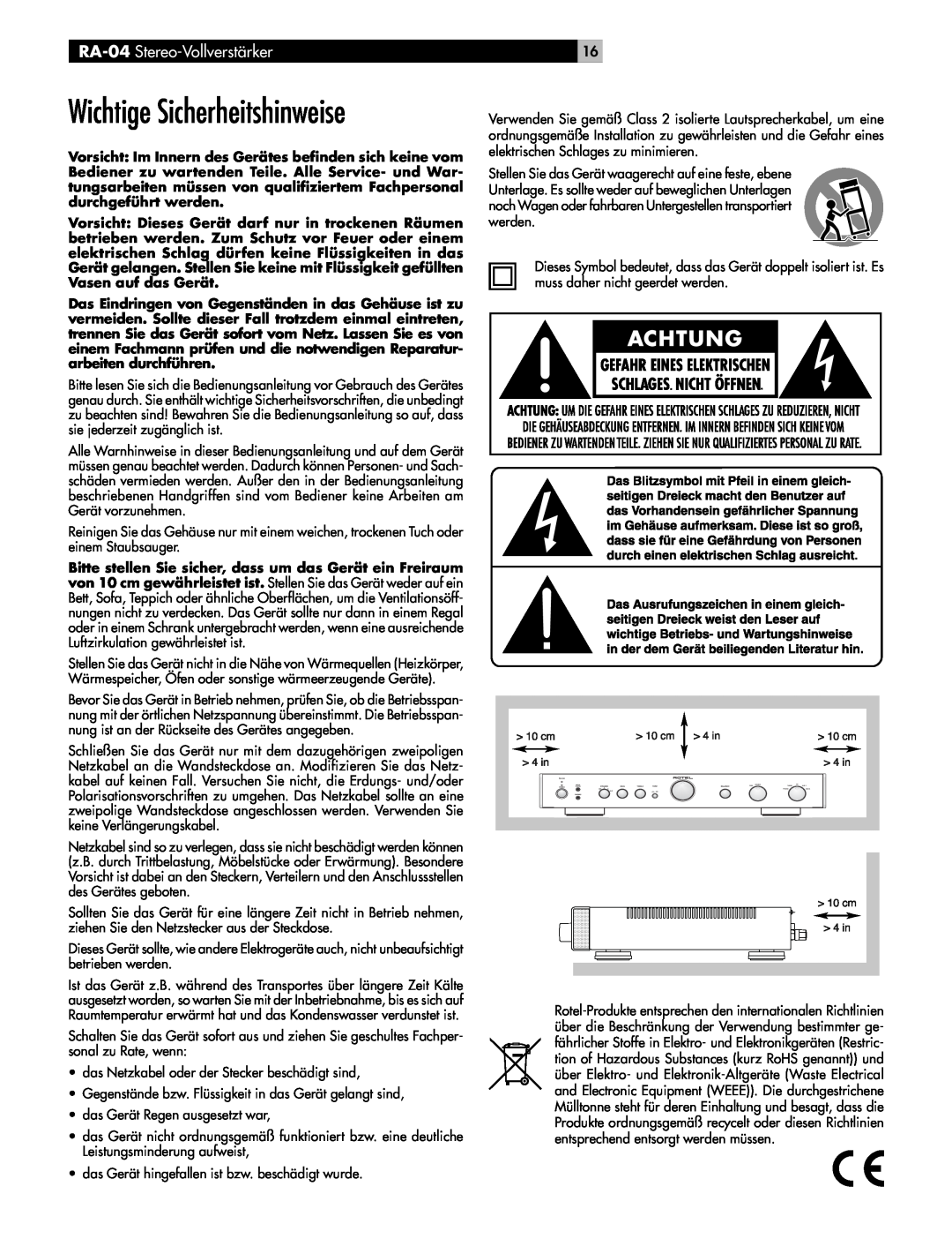 Rotel owner manual Wichtige Sicherheitshinweise, RA-04 Stereo-Vollverstärker 