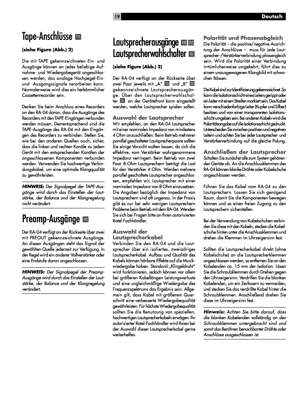 Rotel RA-04 owner manual Tape-Anschlüsse t, Preamp-Ausgänge y, Lautsprecherausgänge ui Lautsprecherwahlschalter, Deutsch 