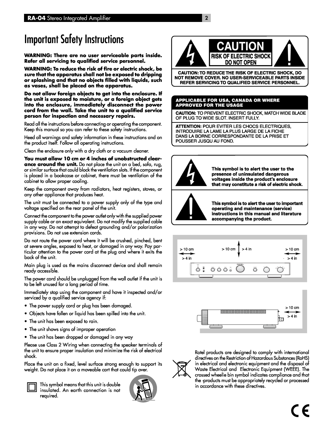 Rotel owner manual Important Safety Instructions, RA-04 Stereo Integrated Amplifier 