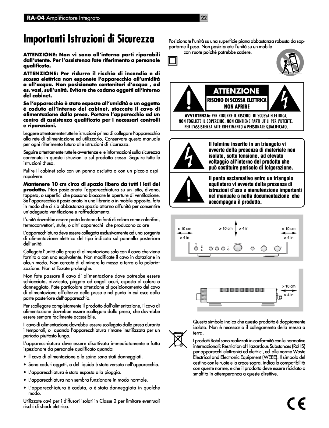 Rotel owner manual Importanti Istruzioni di Sicurezza, RA-04 Amplificatore Integrato 