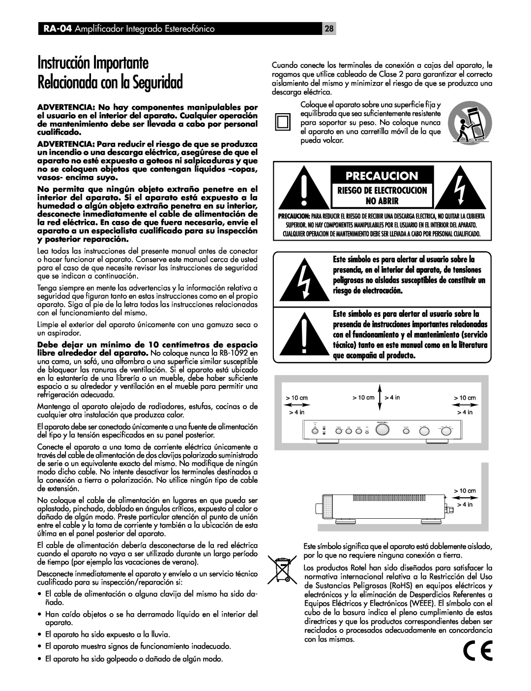 Rotel owner manual Instrucción Importante, Relacionada con la Seguridad, RA-04 Amplificador Integrado Estereofónico 