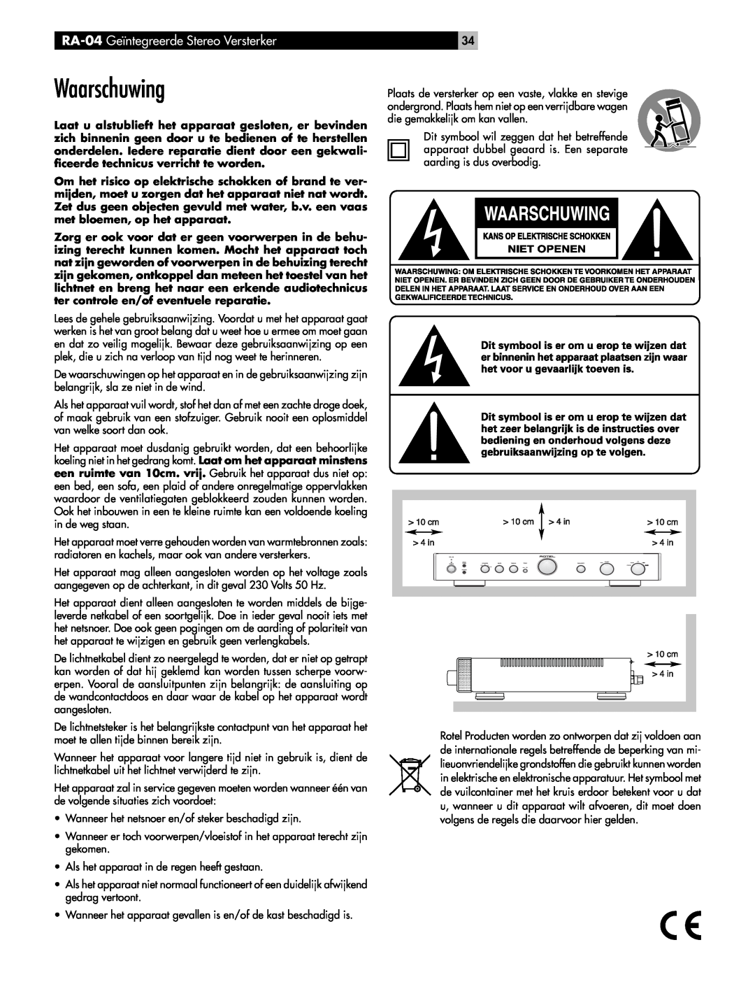 Rotel owner manual Waarschuwing, RA-04 Geïntegreerde Stereo Versterker 