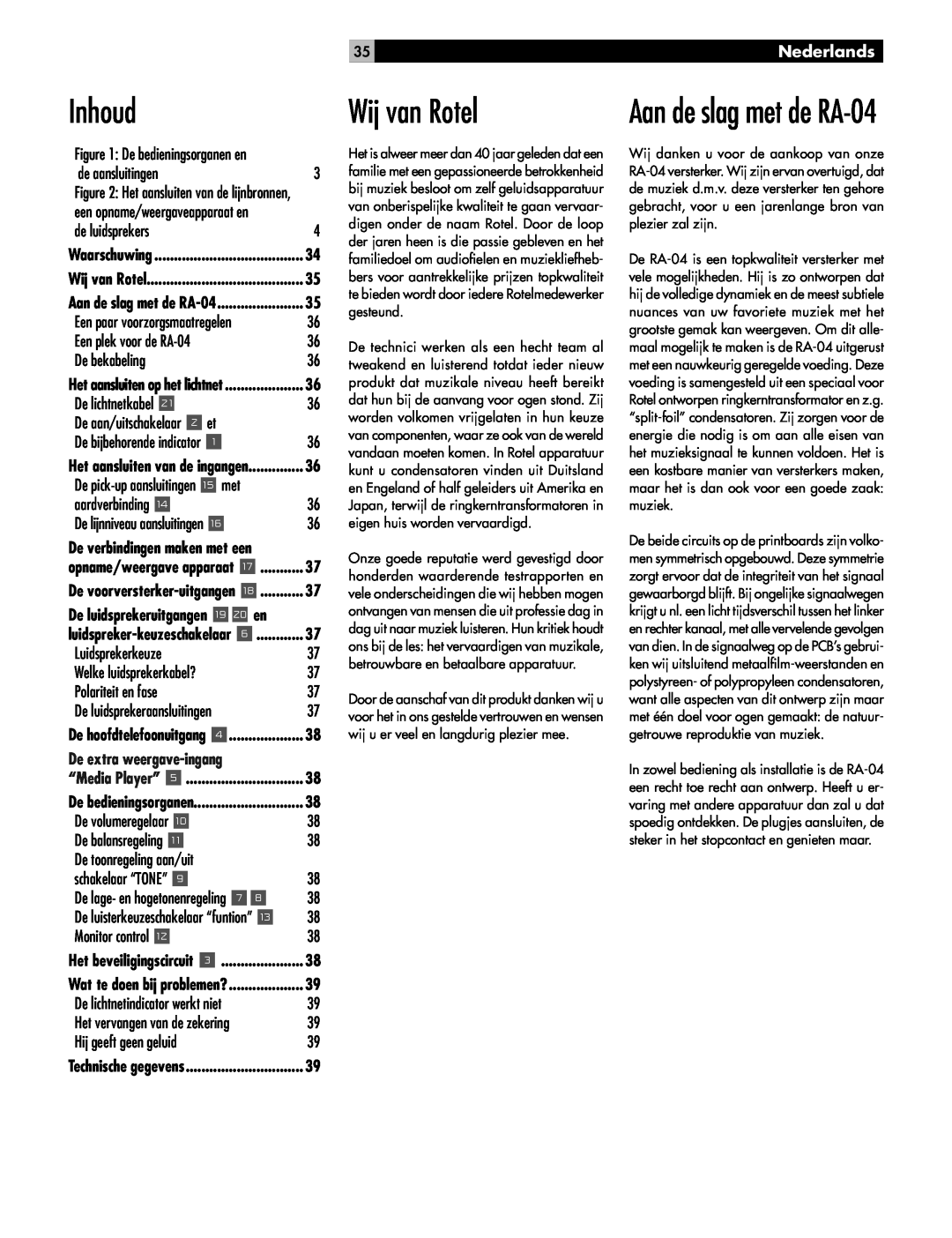 Rotel owner manual Inhoud, Wij van Rotel, Aan de slag met de RA-04, Nederlands 