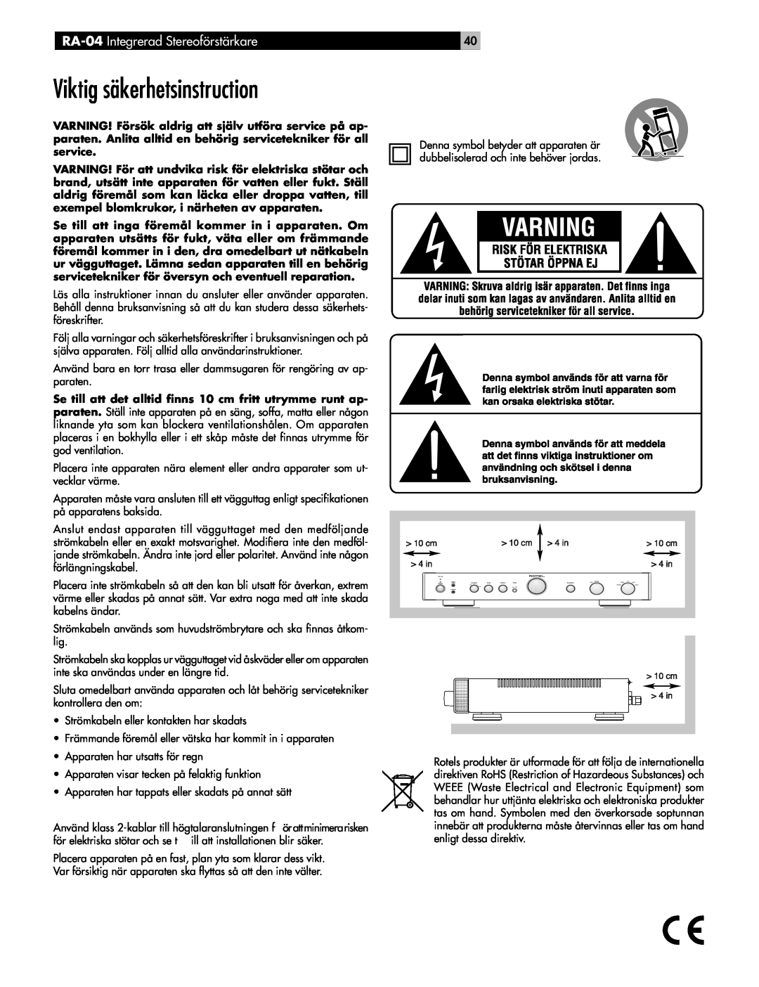 Rotel owner manual Viktig säkerhetsinstruction, RA-04 Integrerad Stereoförstärkare 