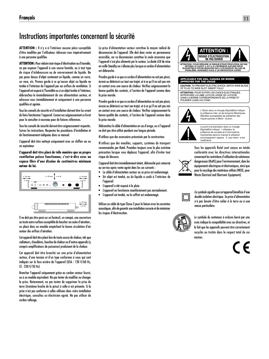 Rotel RA-05 SE Instructions importantes concernant la sécurité, ’appareil est tombé, ou le coffret est endommagé 