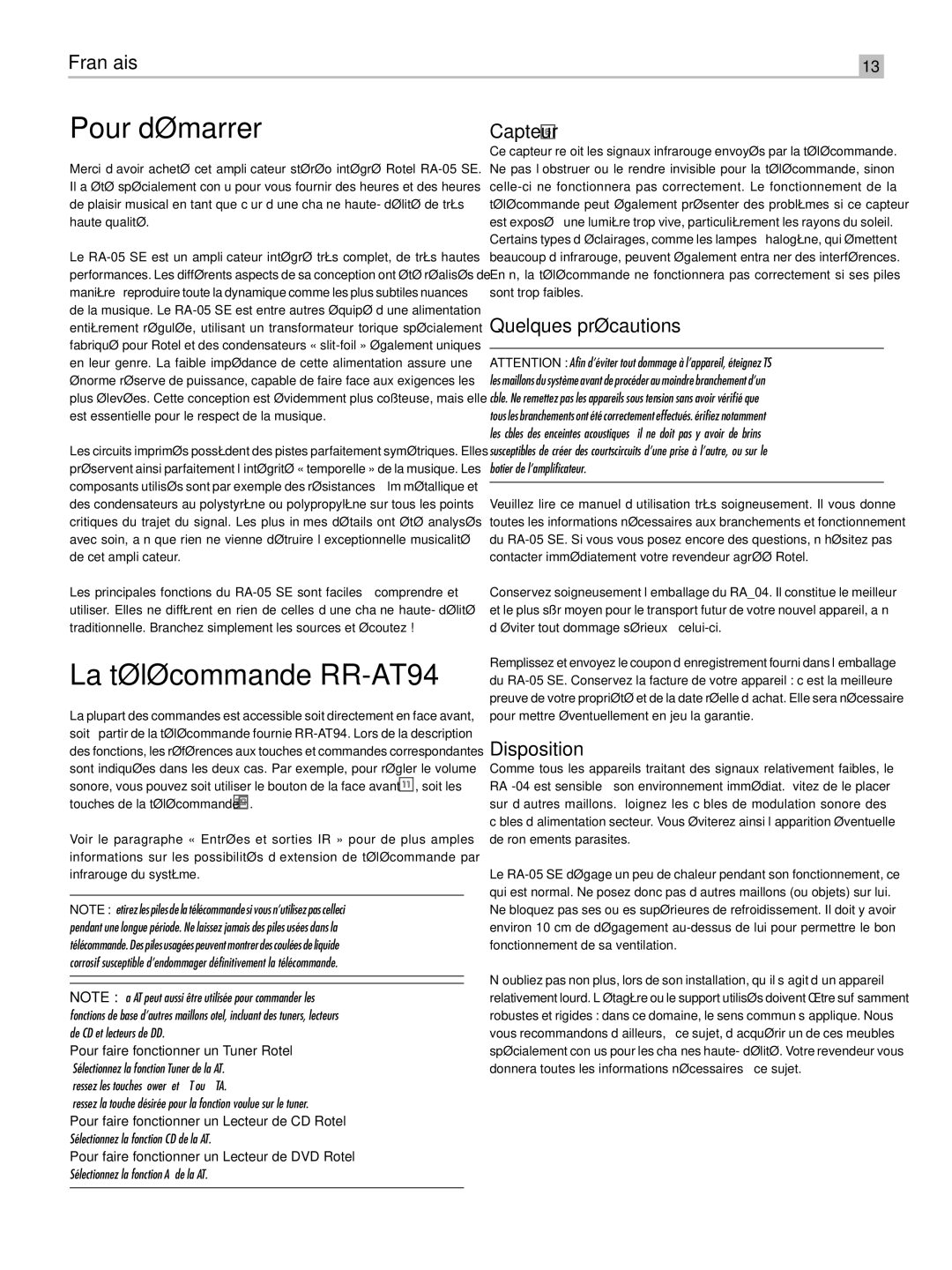 Rotel RA-05 SE owner manual Pour démarrer, La télécommande RR-AT94, Quelques précautions, Disposition 