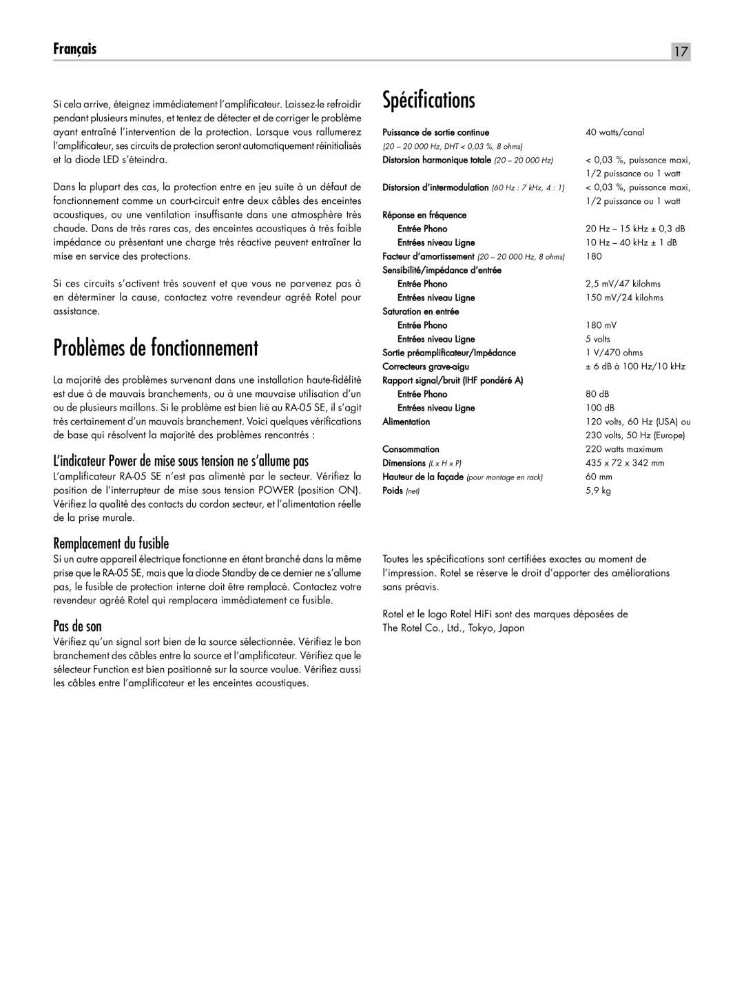 Rotel RA-05 SE owner manual Problèmes de fonctionnement, Spécifcations, Remplacement du fusible, Pas de son 