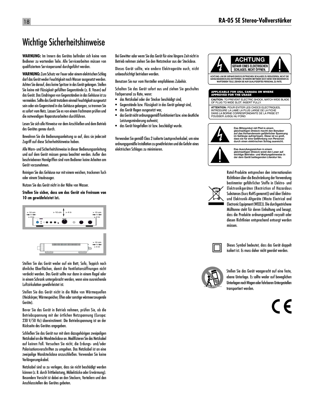 Rotel RA-05 SE owner manual Das Gerät Regen ausgesetzt war, Leistungsminderung aufweist 