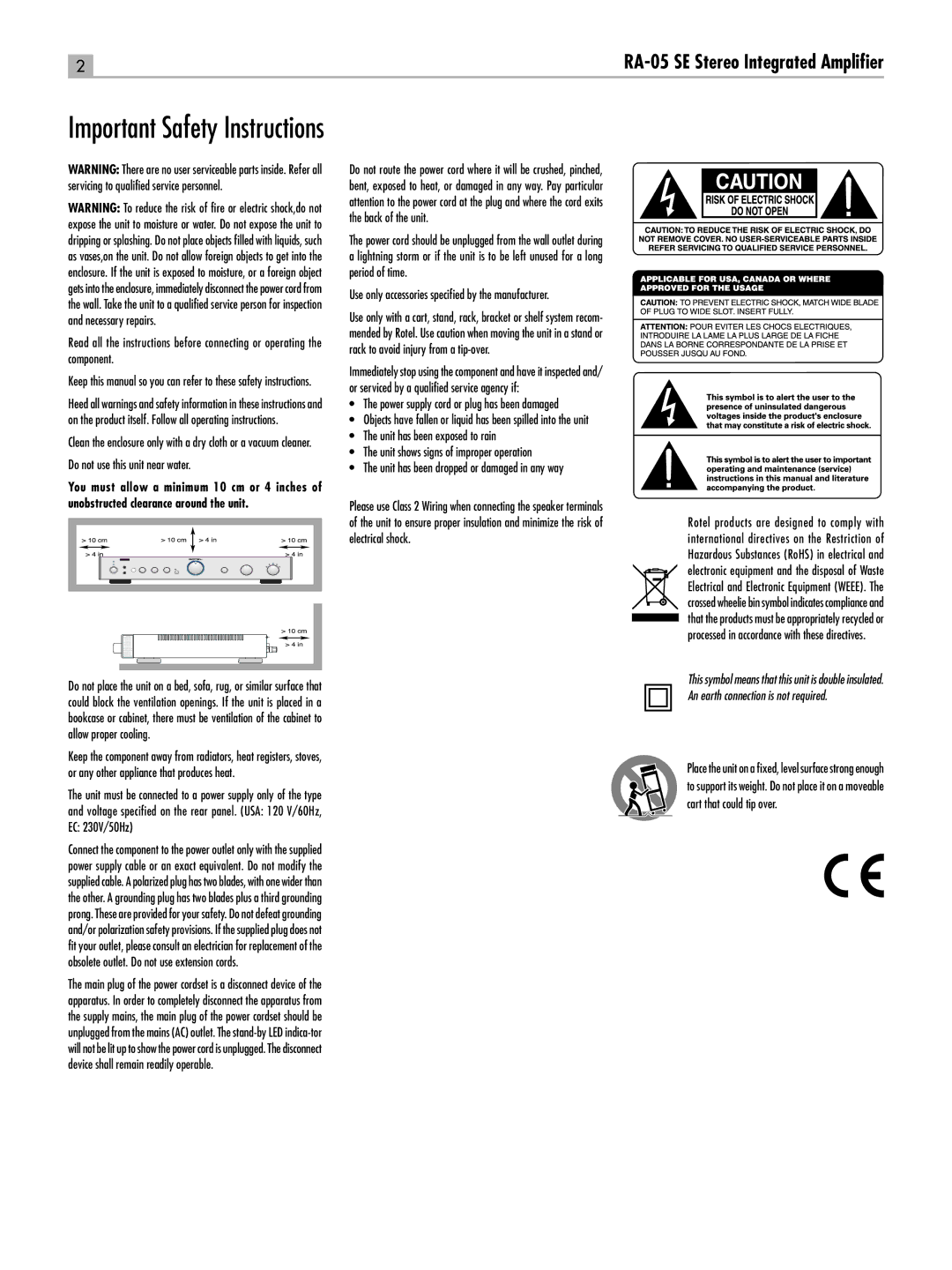 Rotel RA-05 SE owner manual Use only accessories specified by the manufacturer, Power supply cord or plug has been damaged 