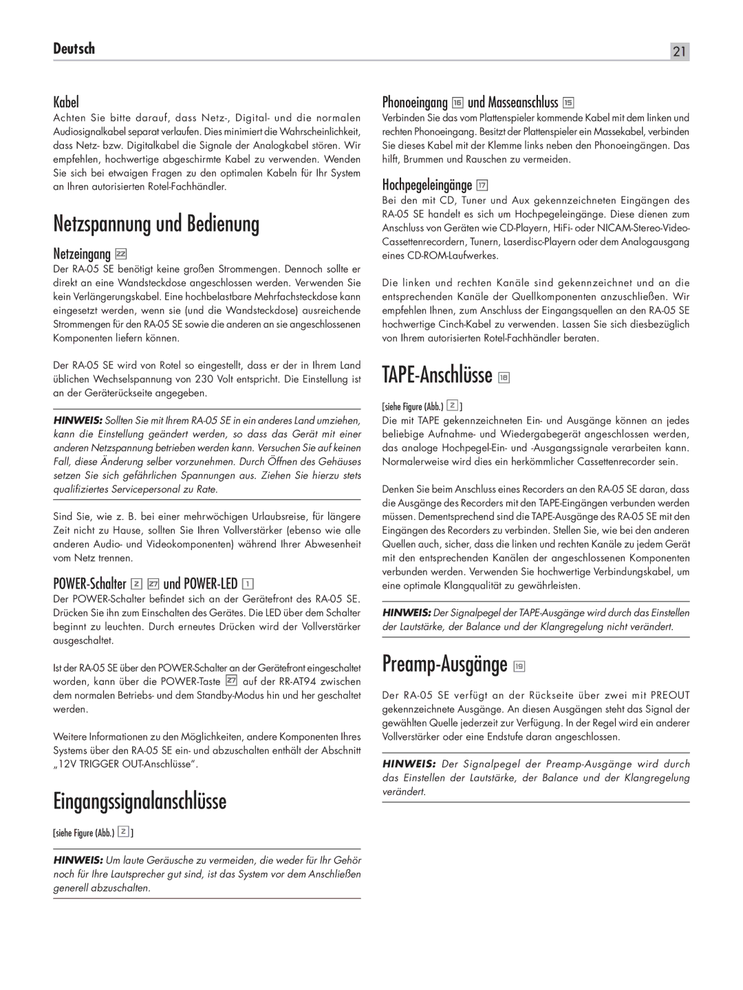 Rotel RA-05 SE owner manual Netzspannung und Bedienung, TAPE-Anschlüsse y, Eingangssignalanschlüsse, Preamp-Ausgänge u 