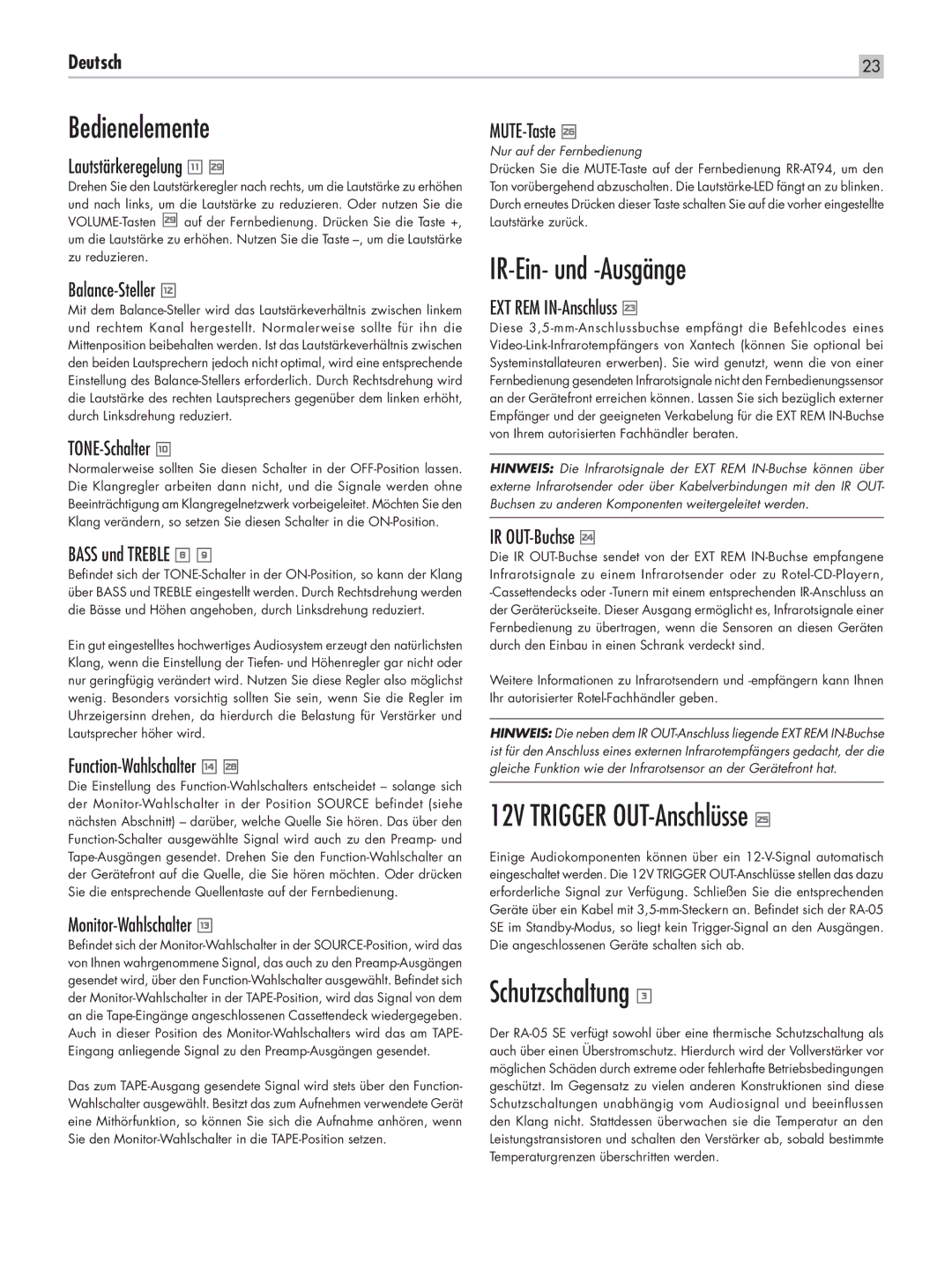 Rotel RA-05 SE owner manual Bedienelemente, IR-Ein- und -Ausgänge, 12V Trigger OUT-Anschlüsse, Schutzschaltung 