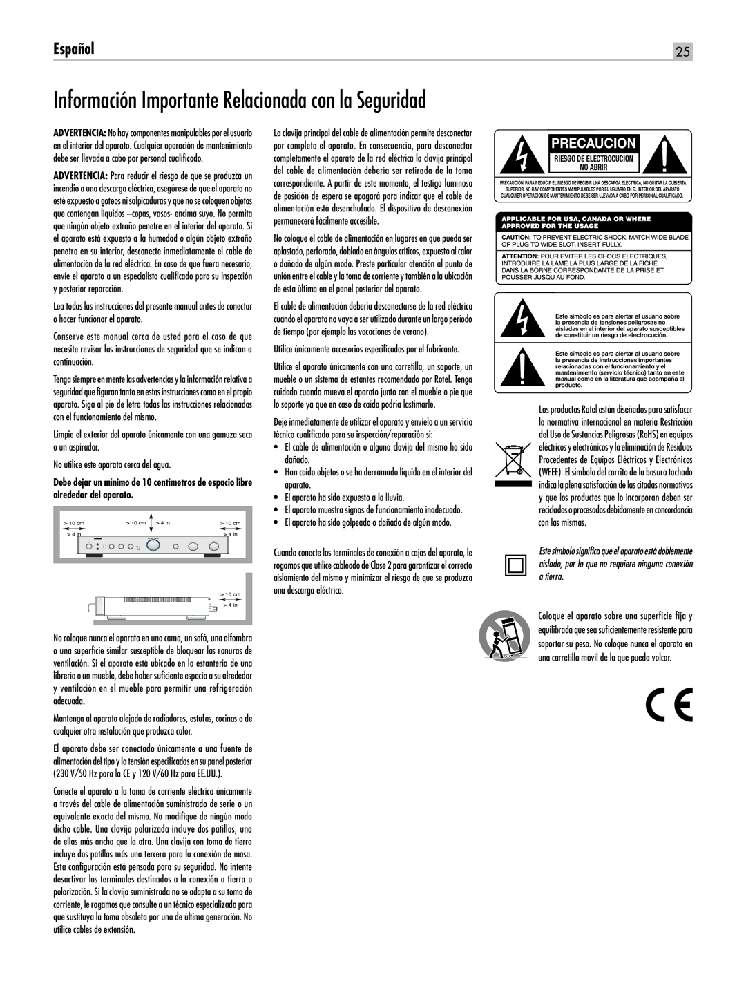 Rotel RA-05 SE owner manual Información Importante Relacionada con la Seguridad, Precaucion 