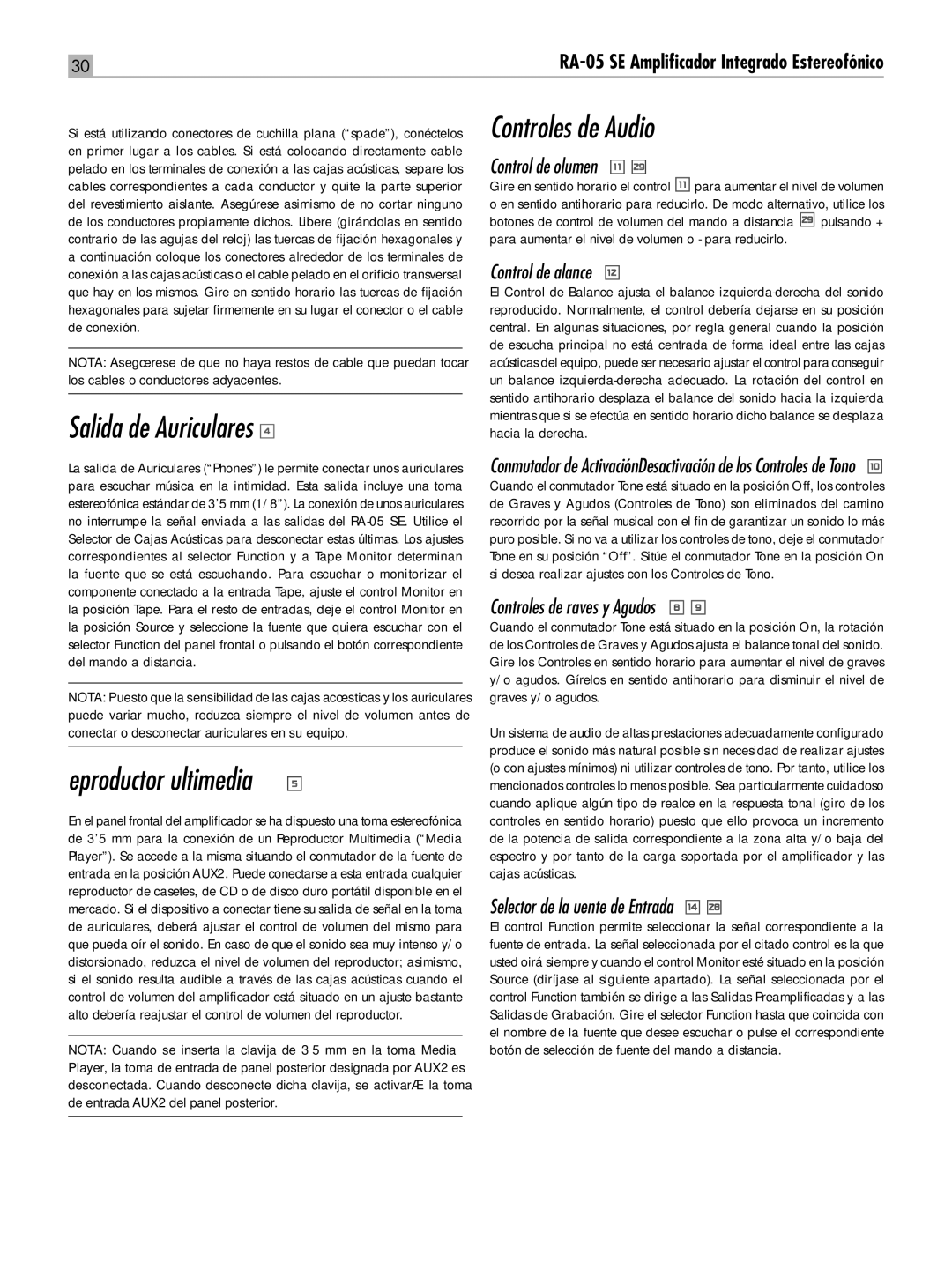 Rotel RA-05 SE owner manual Salida de Auriculares, Reproductor Multimedia, Controles de Audio 