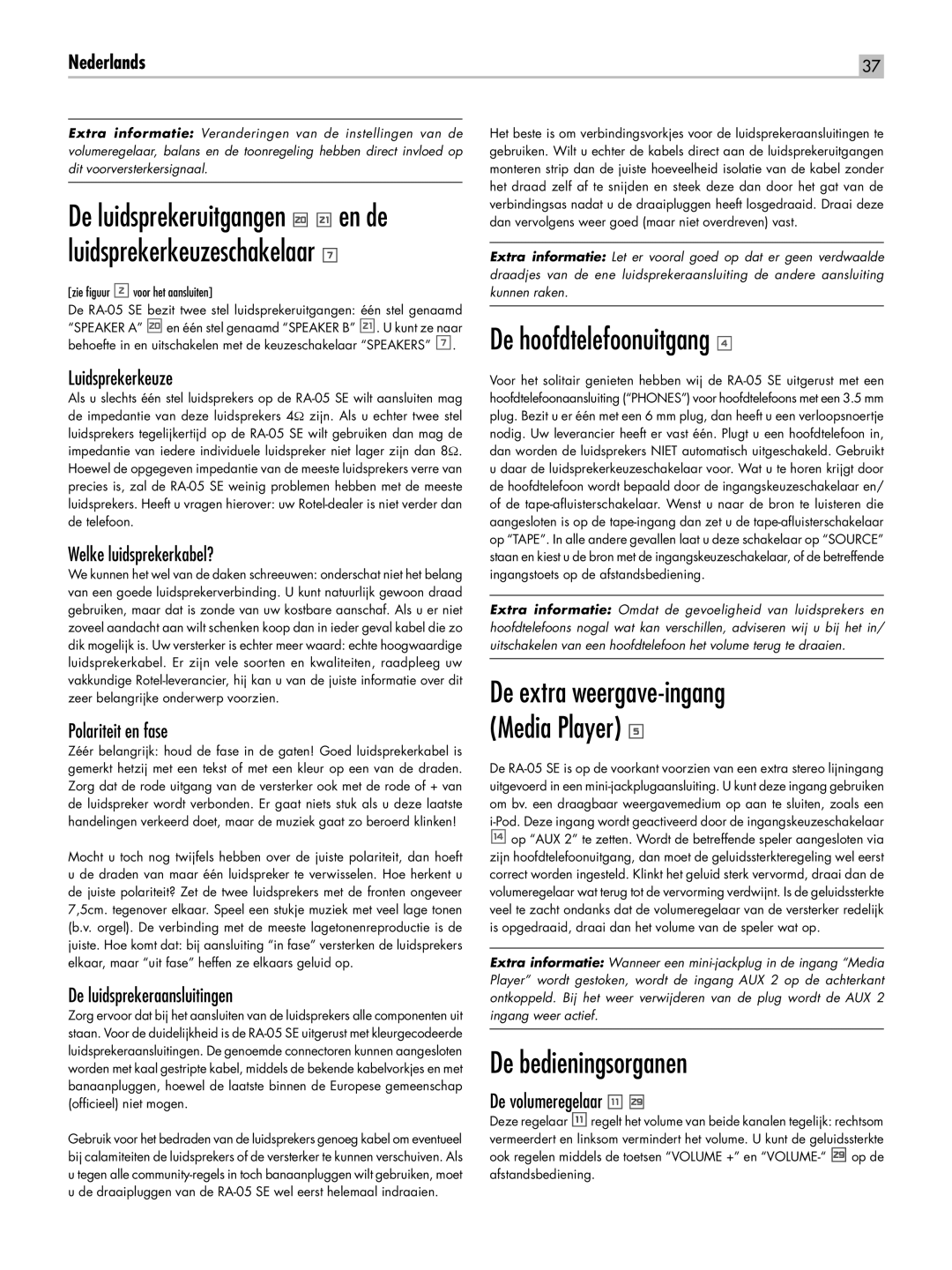 Rotel RA-05 SE owner manual De hoofdtelefoonuitgang, De bedieningsorganen 