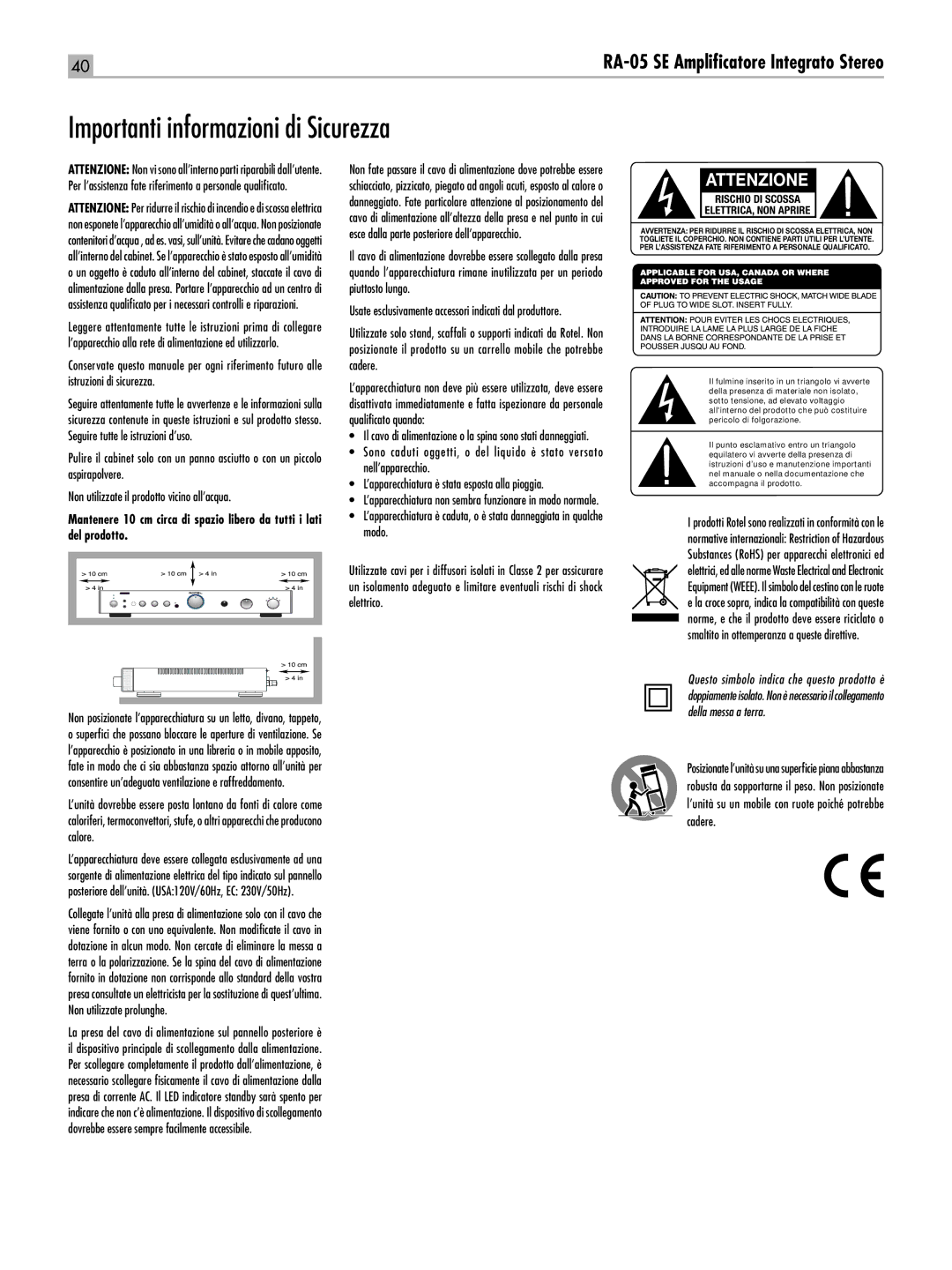 Rotel RA-05 SE owner manual Importanti informazioni di Sicurezza, Attenzione 