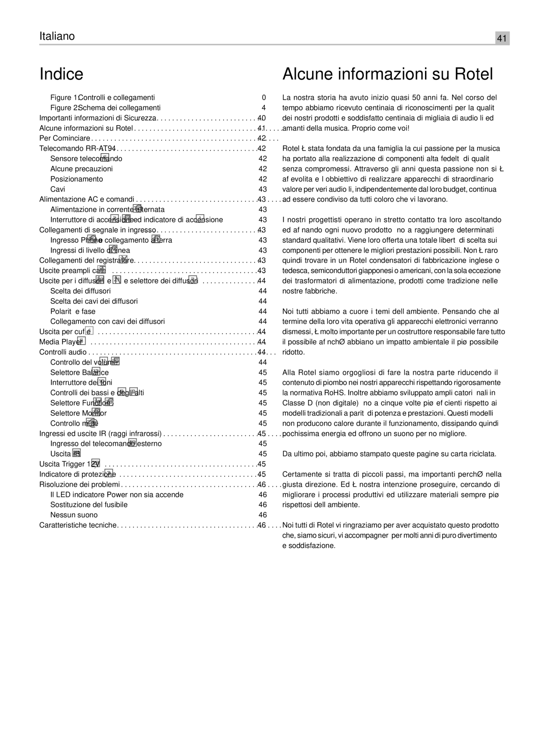 Rotel RA-05 SE owner manual Indice Alcune informazioni su Rotel 