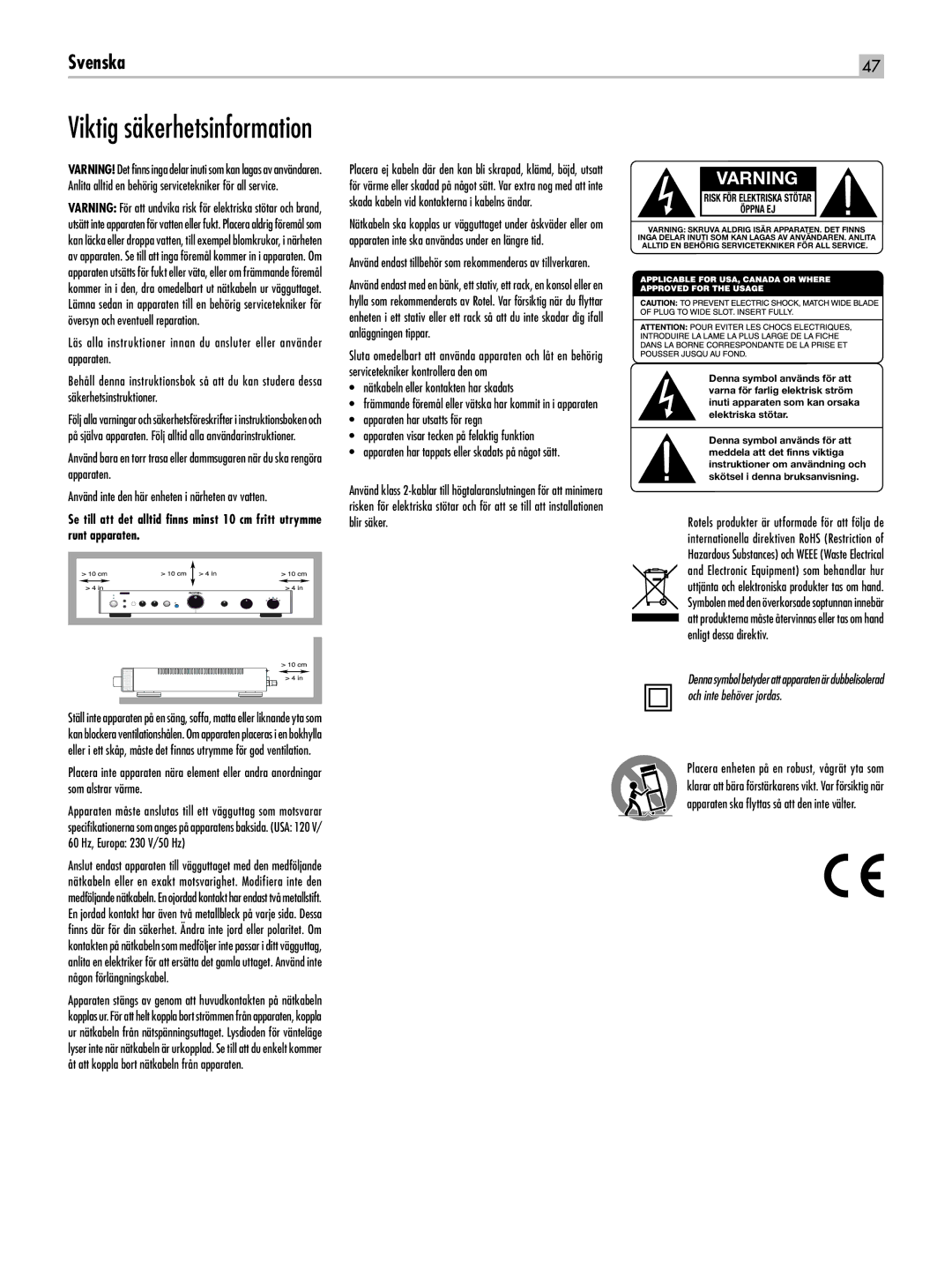 Rotel RA-05 SE owner manual Viktig säkerhetsinformation, Nätkabeln eller kontakten har skadats 