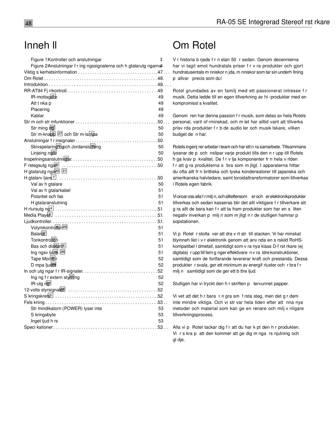 Rotel RA-05 SE owner manual Innehåll, Om Rotel 