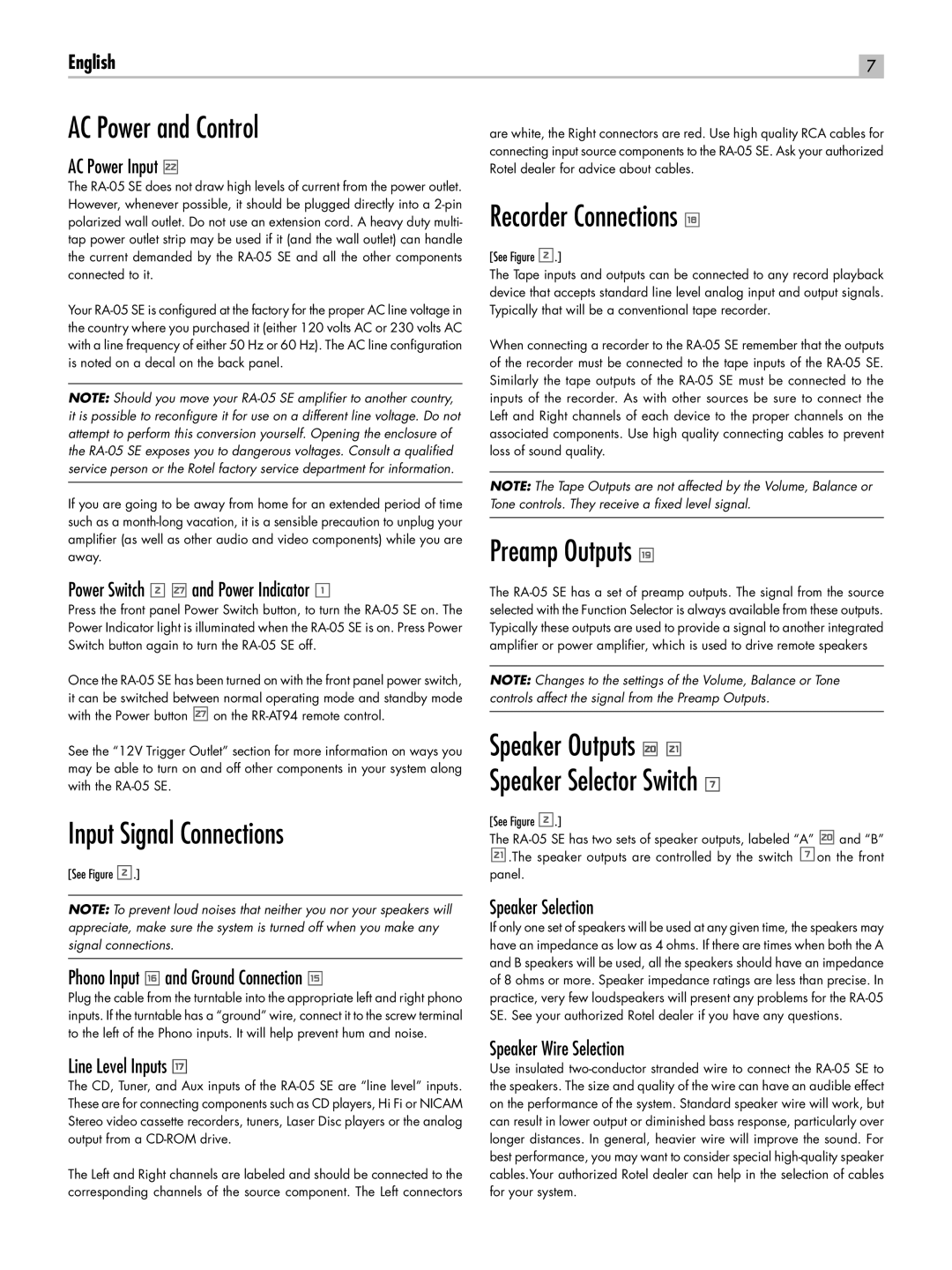 Rotel RA-05 SE owner manual AC Power and Control, Recorder Connections y, Preamp Outputs u, Input Signal Connections 