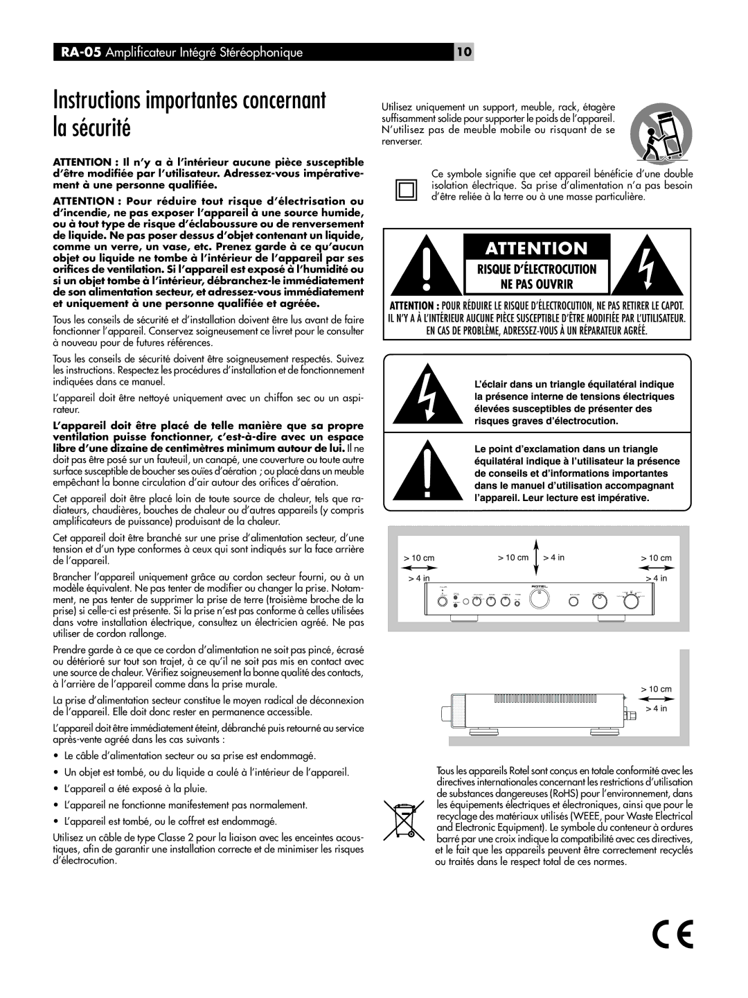 Rotel RA-05 owner manual Instructions importantes concernant la sécurité 