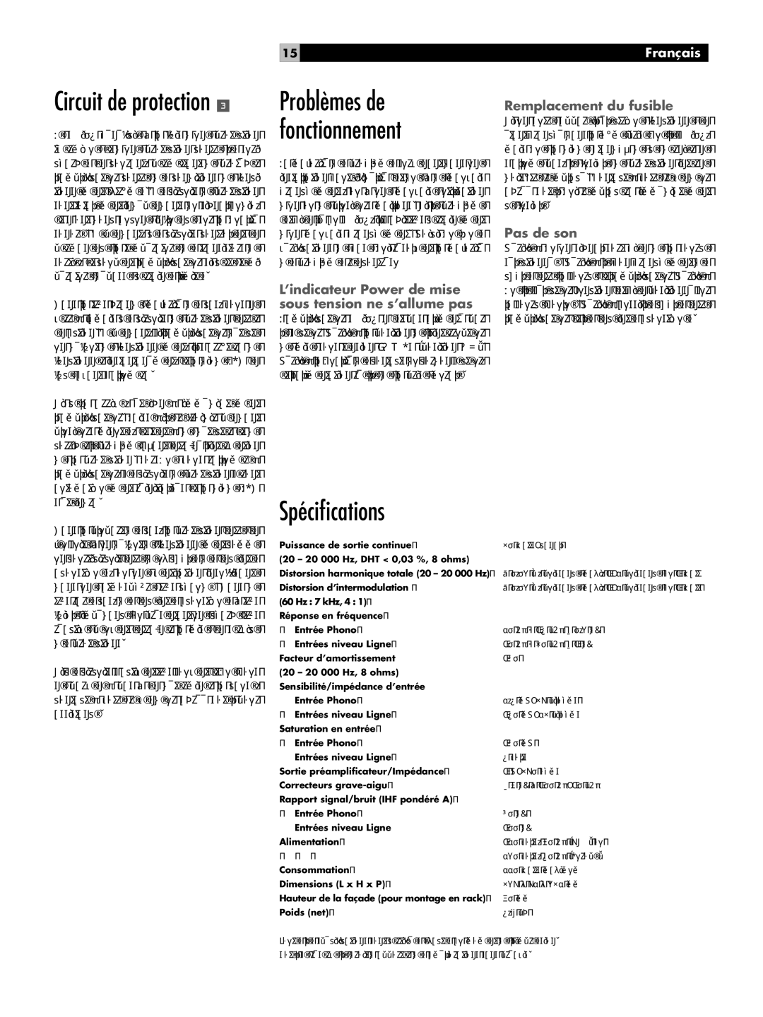 Rotel RA-05 Spéciﬁcations, Problèmes de fonctionnement, ’indicateur Power de mise sous tension ne s’allume pas, Pas de son 