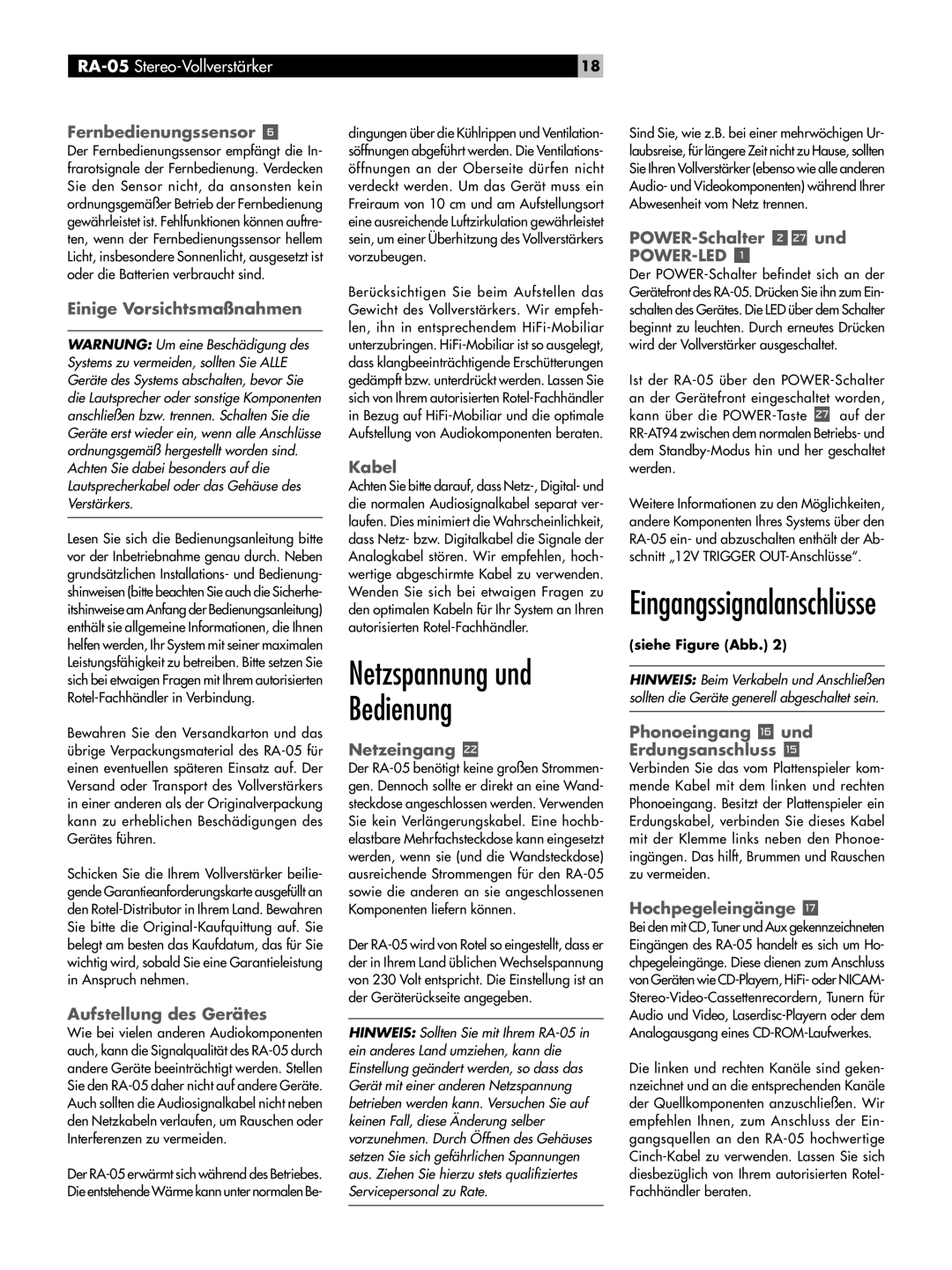 Rotel RA-05 owner manual Netzspannung und Bedienung, Eingangssignalanschlüsse 