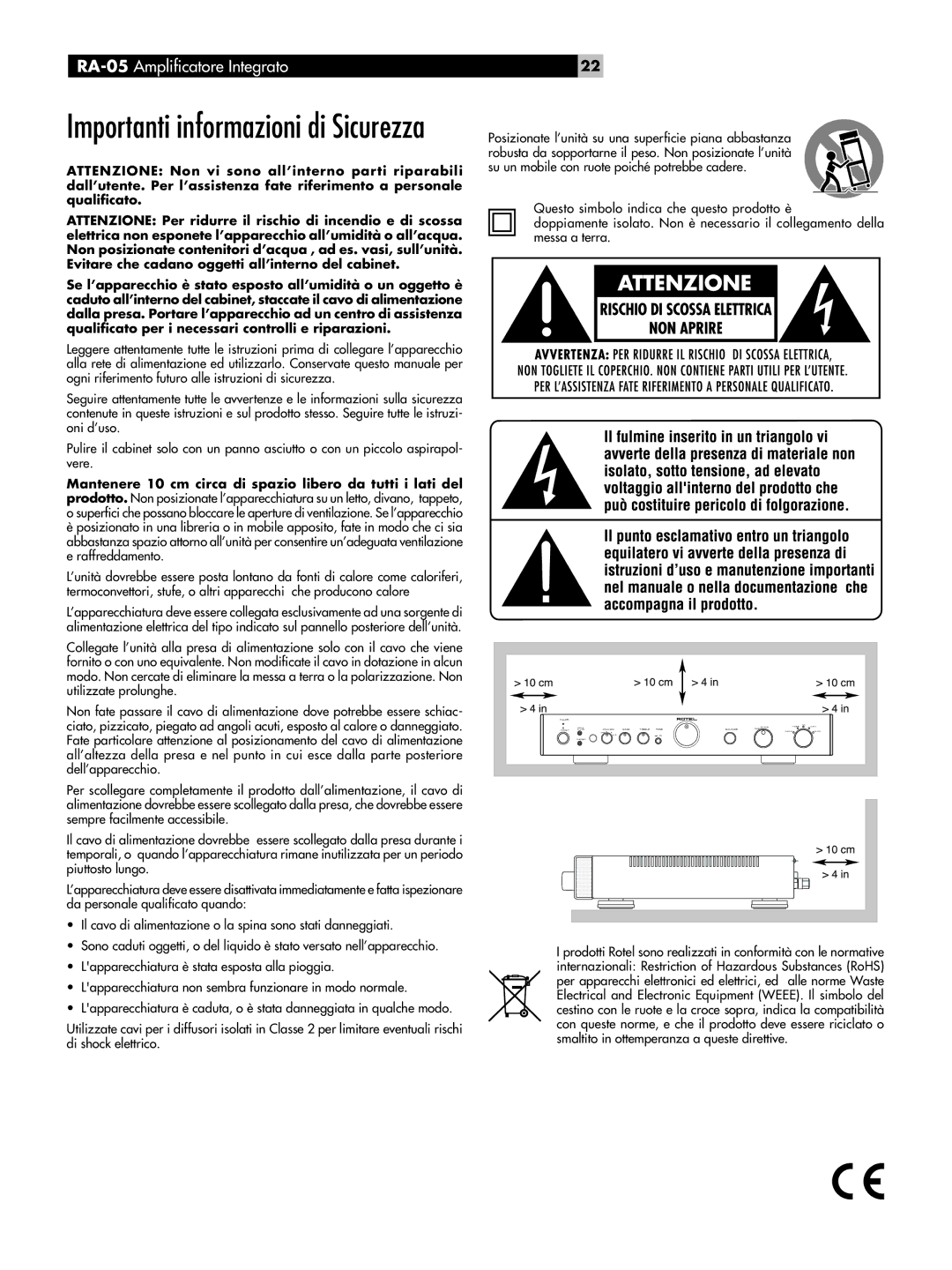 Rotel RA-05 owner manual Importanti informazioni di Sicurezza 