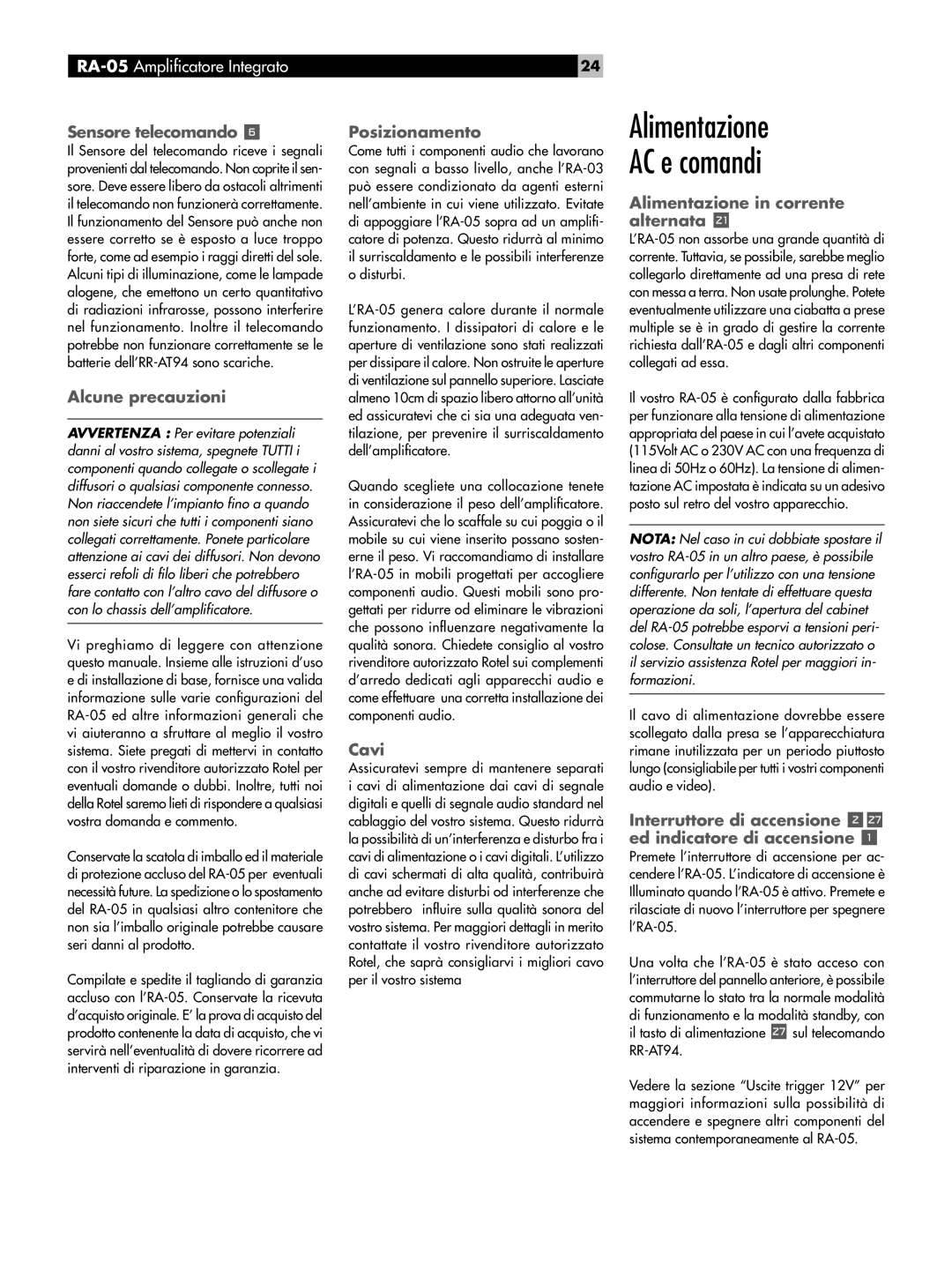 Rotel RA-05 owner manual Alimentazione AC e comandi 