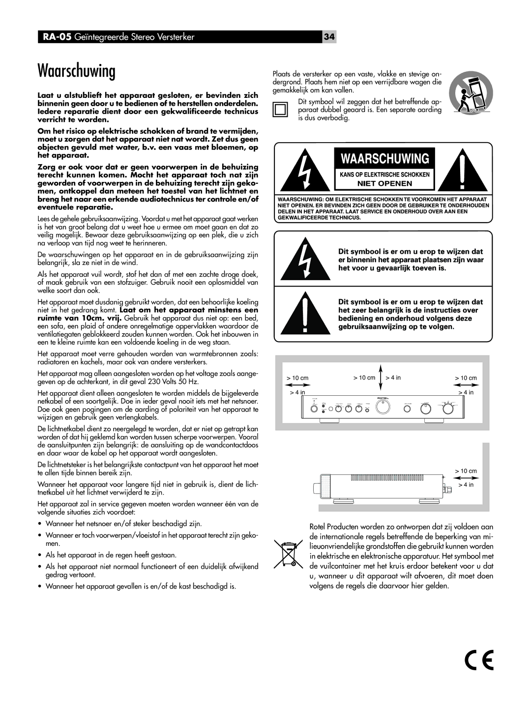 Rotel RA-05 owner manual Waarschuwing 