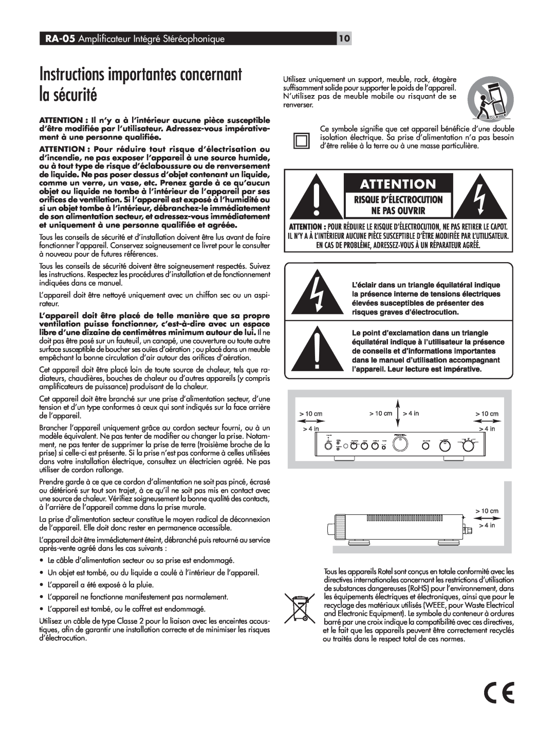 Rotel owner manual Instructions importantes concernant la sécurité, RA-05 Amplificateur Intégré Stéréophonique 