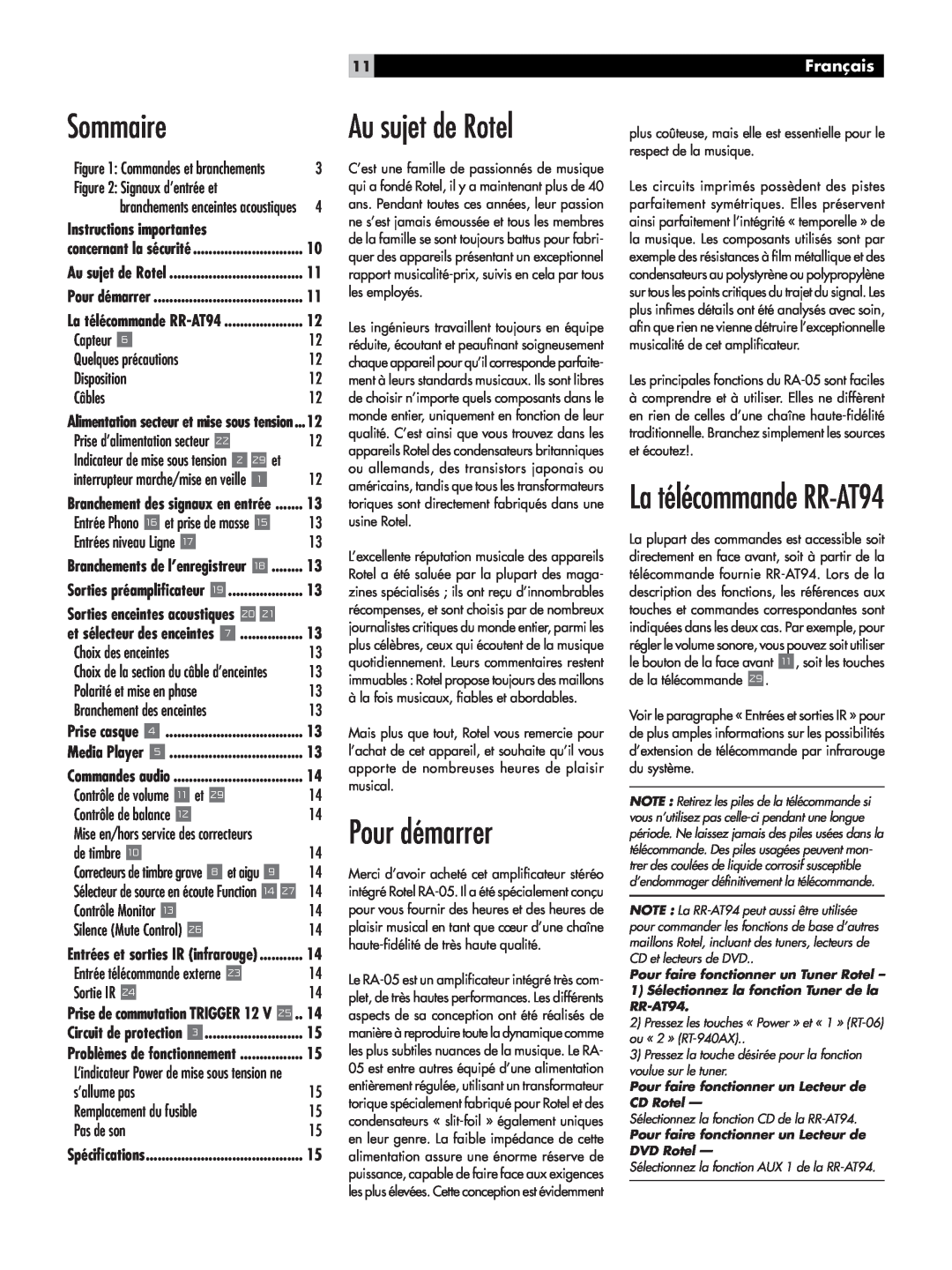 Rotel RA-05 owner manual Sommaire, Au sujet de Rotel, Pour démarrer, La télécommande RR-AT94, Français 