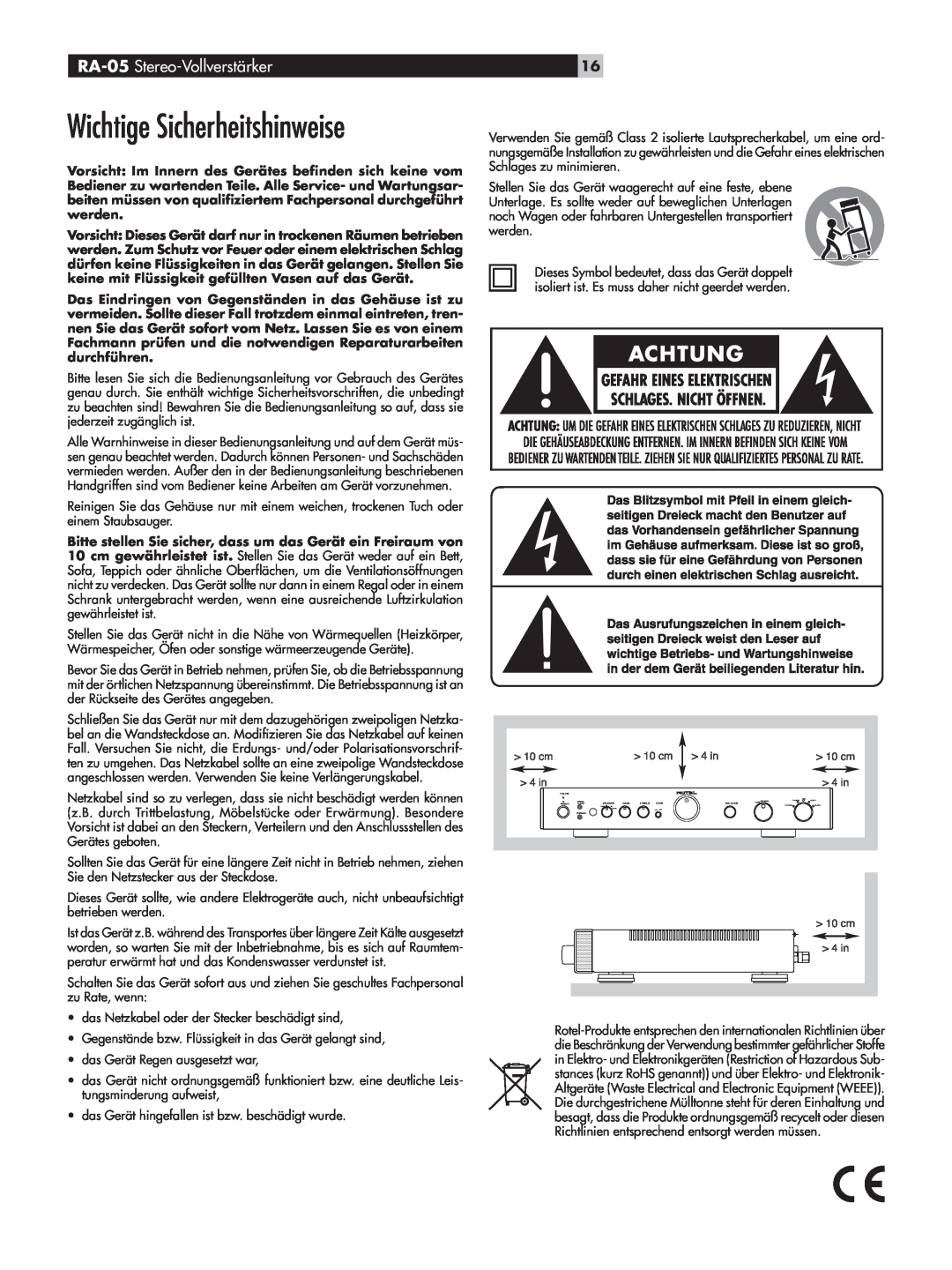Rotel owner manual Wichtige Sicherheitshinweise, RA-05 Stereo-Vollverstärker 
