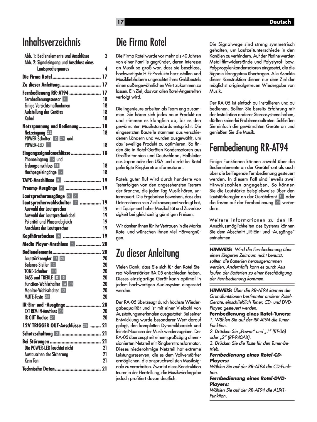 Rotel RA-05 owner manual Die Firma Rotel, Zu dieser Anleitung, Fernbedienung RR-AT94, Inhaltsverzeichnis, Deutsch 