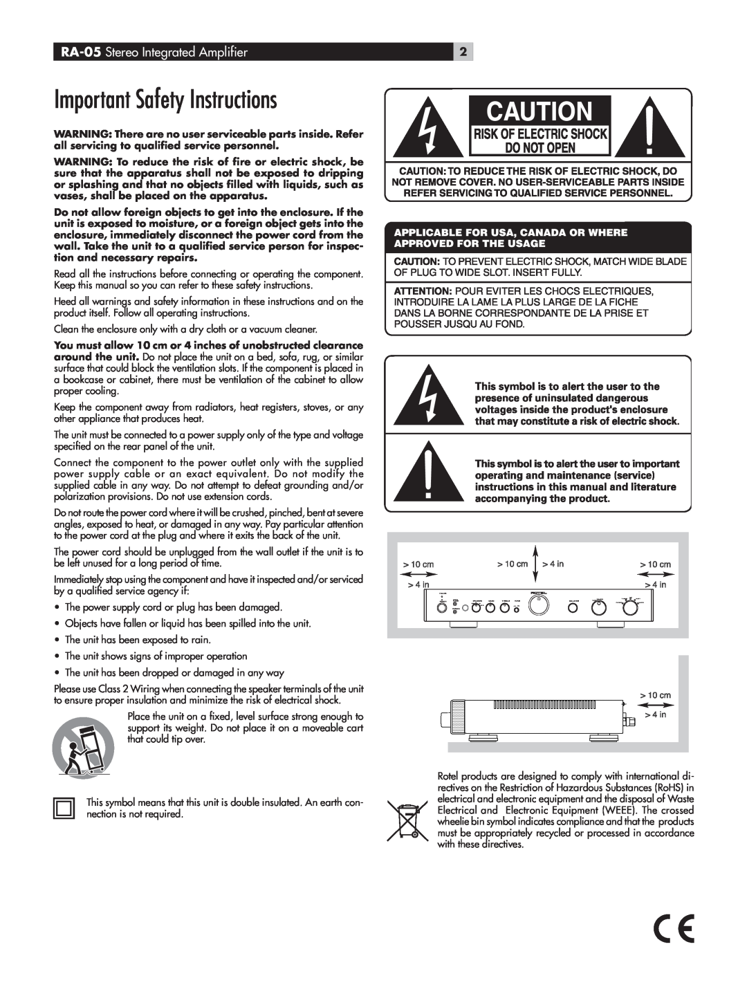 Rotel owner manual Important Safety Instructions, RA-05 Stereo Integrated Amplifier 