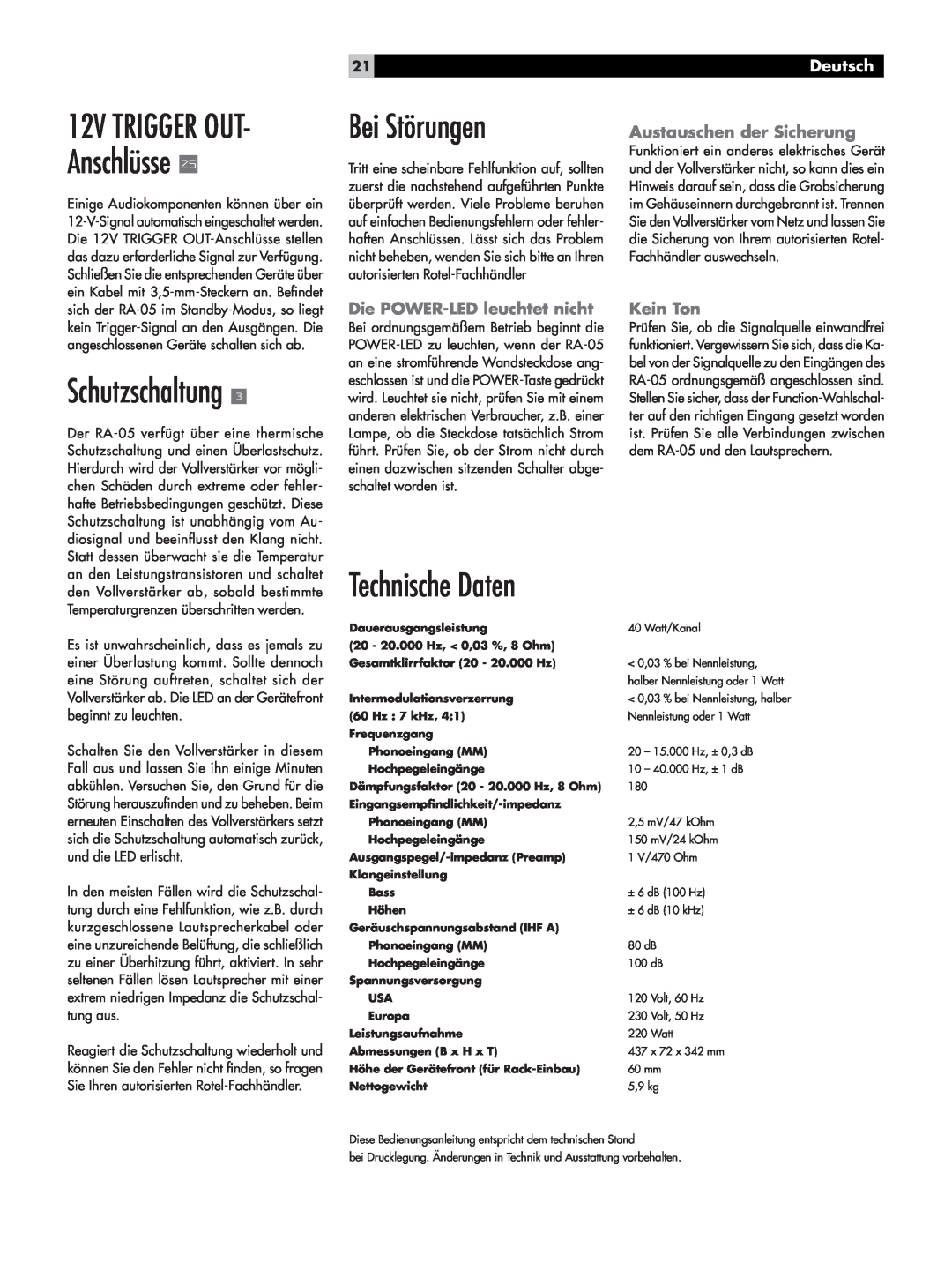 Rotel RA-05 owner manual Bei Störungen, Schutzschaltung, Technische Daten, 12V TRIGGER OUT- Anschlüsse, Deutsch, Kein Ton 