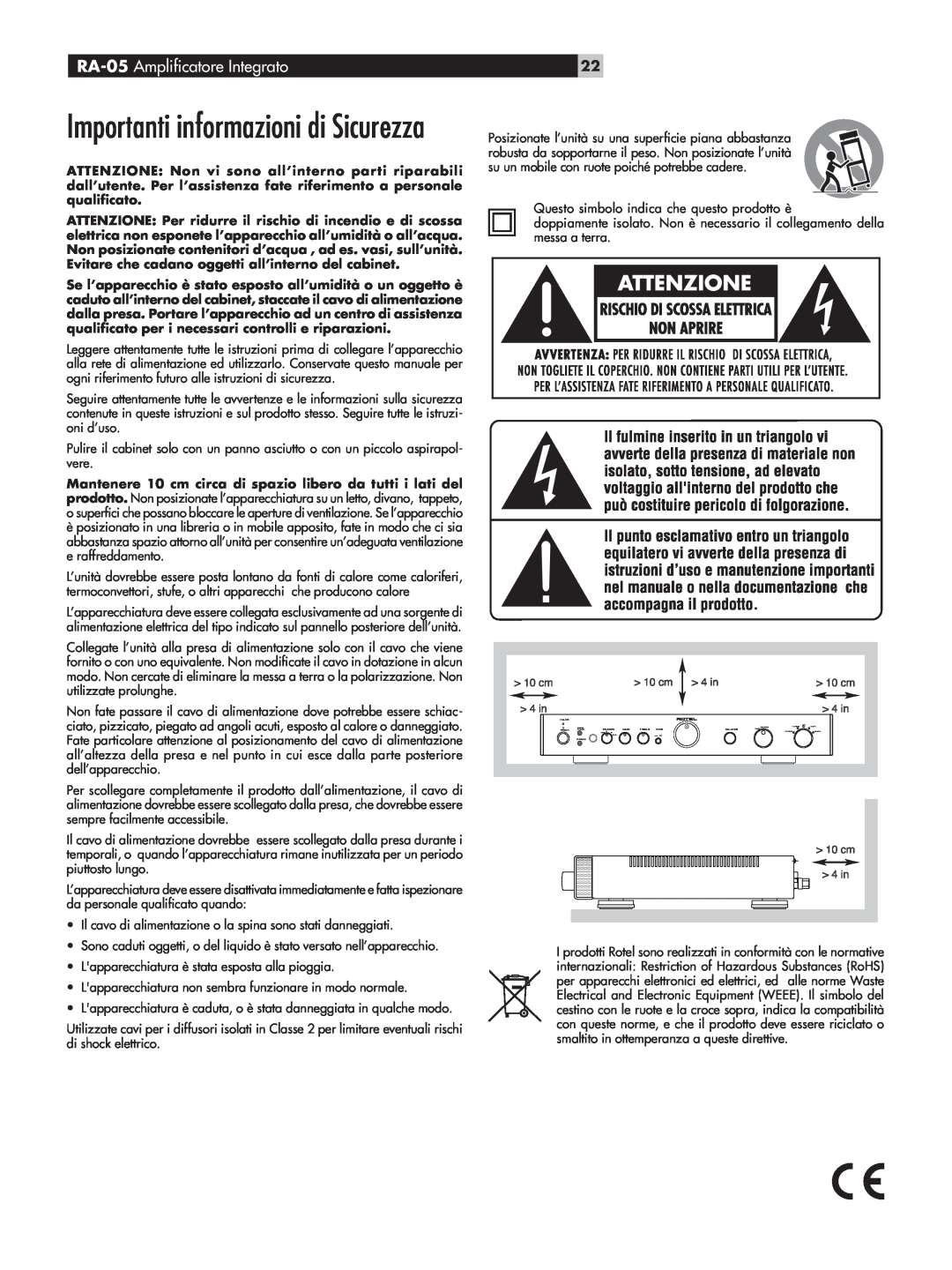 Rotel owner manual Importanti informazioni di Sicurezza, RA-05 Amplificatore Integrato 