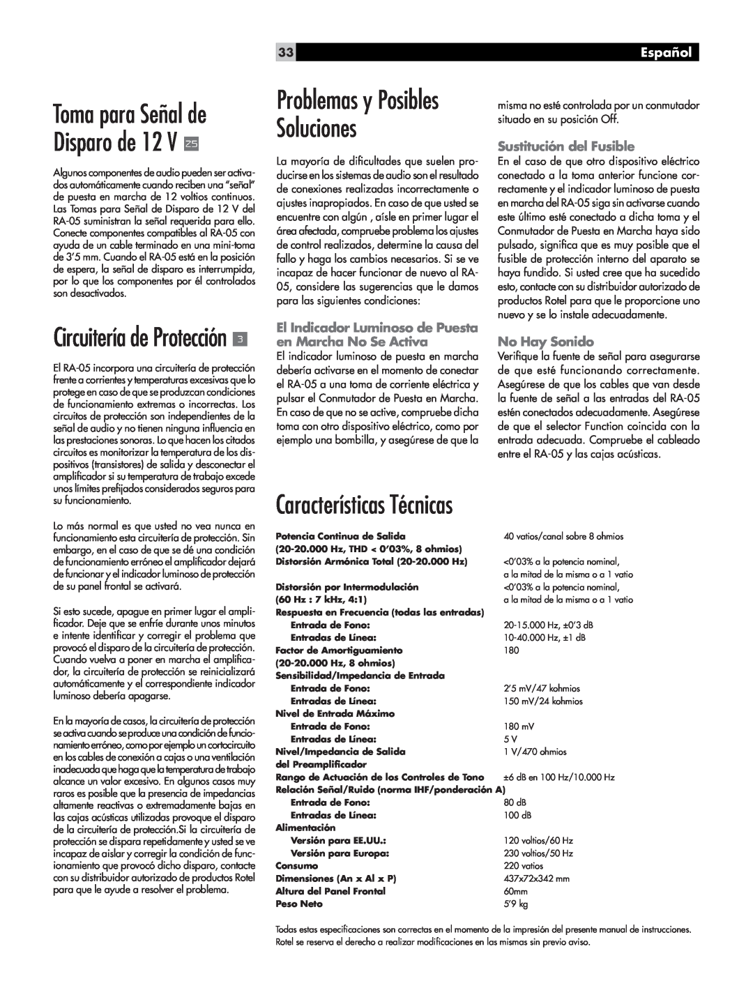 Rotel RA-05 Características Técnicas, Circuitería de Protección, Problemas y Posibles Soluciones, Español, No Hay Sonido 